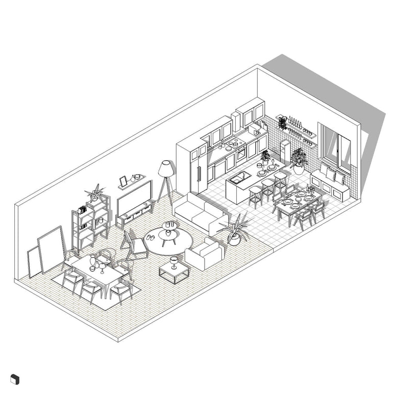 Scandinavian Livingroom & Kitchen Revit 3D Model | BIM Asset | Toffu Co