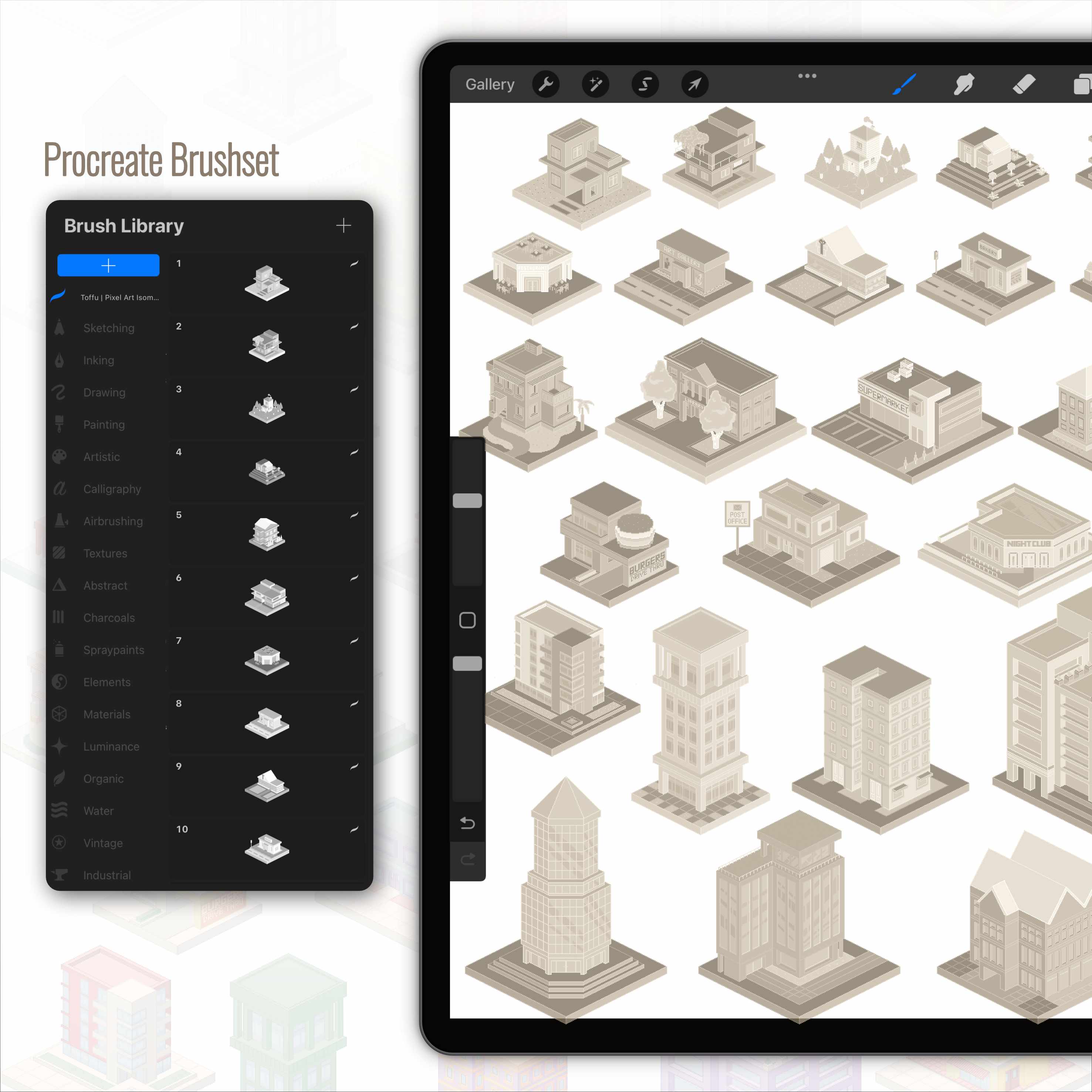 Procreate Pixel Art Buildings Brushset & Illustrations 2 PNG - Toffu Co