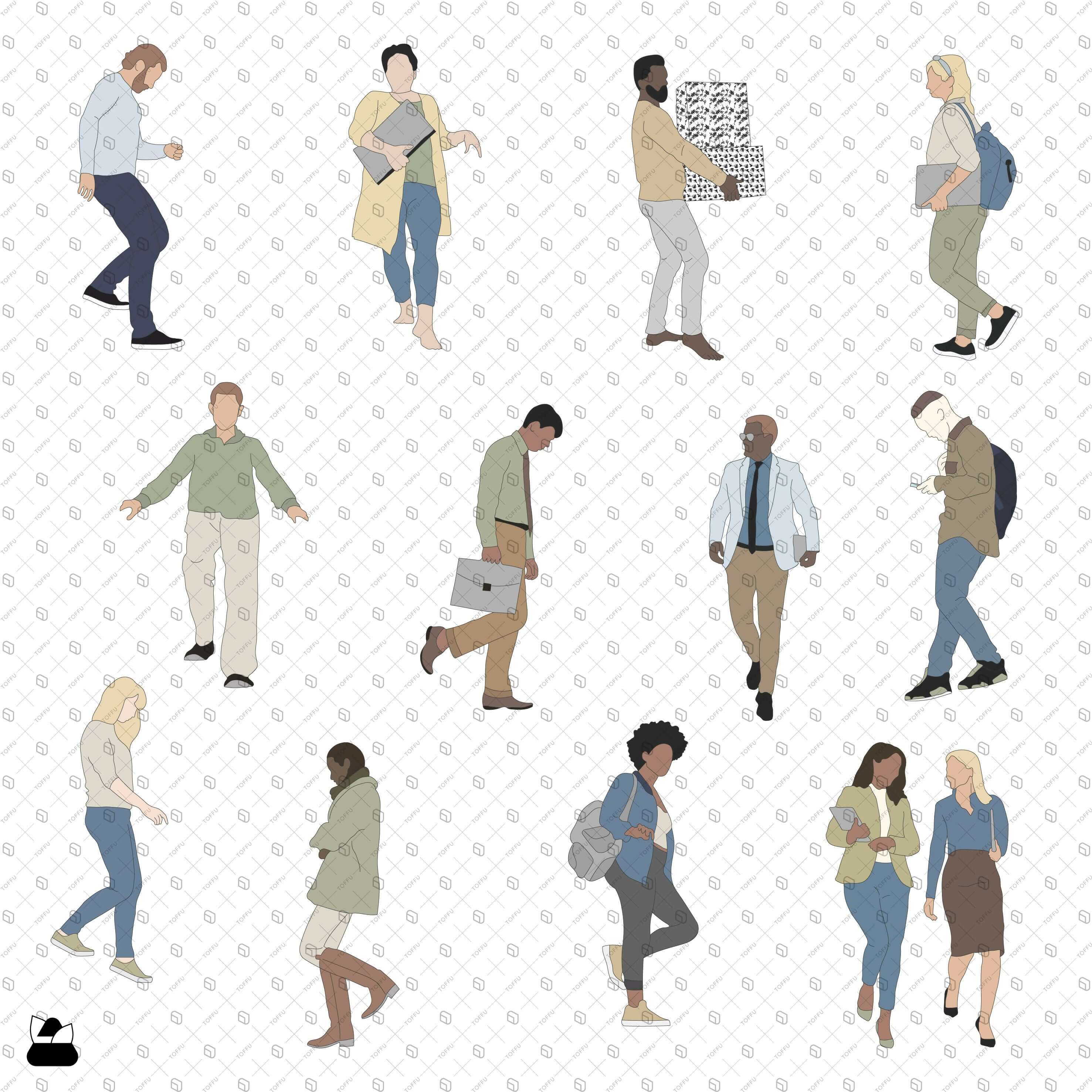 Flat Vector - Cad People Walking Downstairs Digital Artwork drawings | Toffu Co