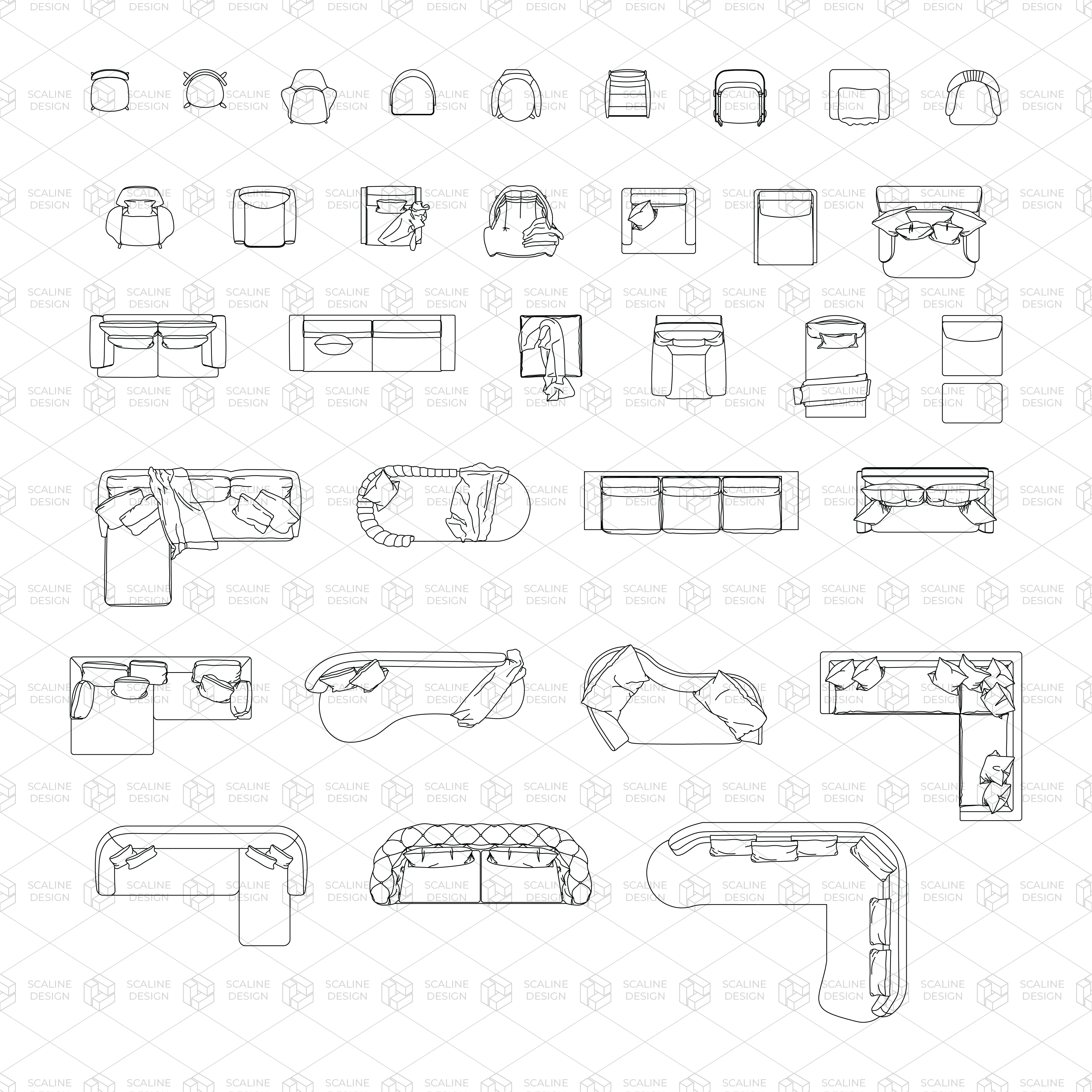 Cad Sofa and Chair Top View Digital Artwork drawings | Toffu Co
