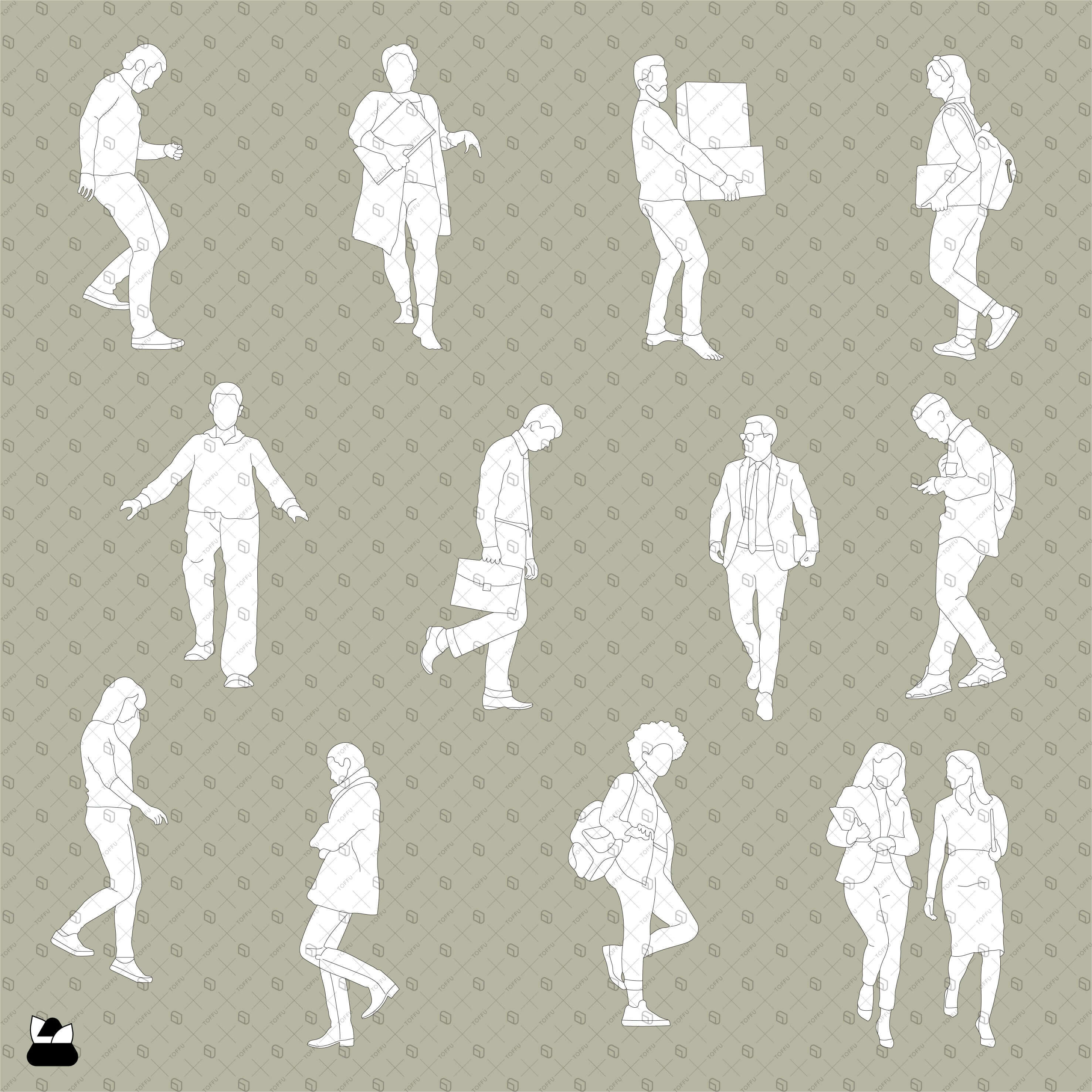 Flat Vector - Cad People Walking Downstairs Digital Artwork drawings | Toffu Co