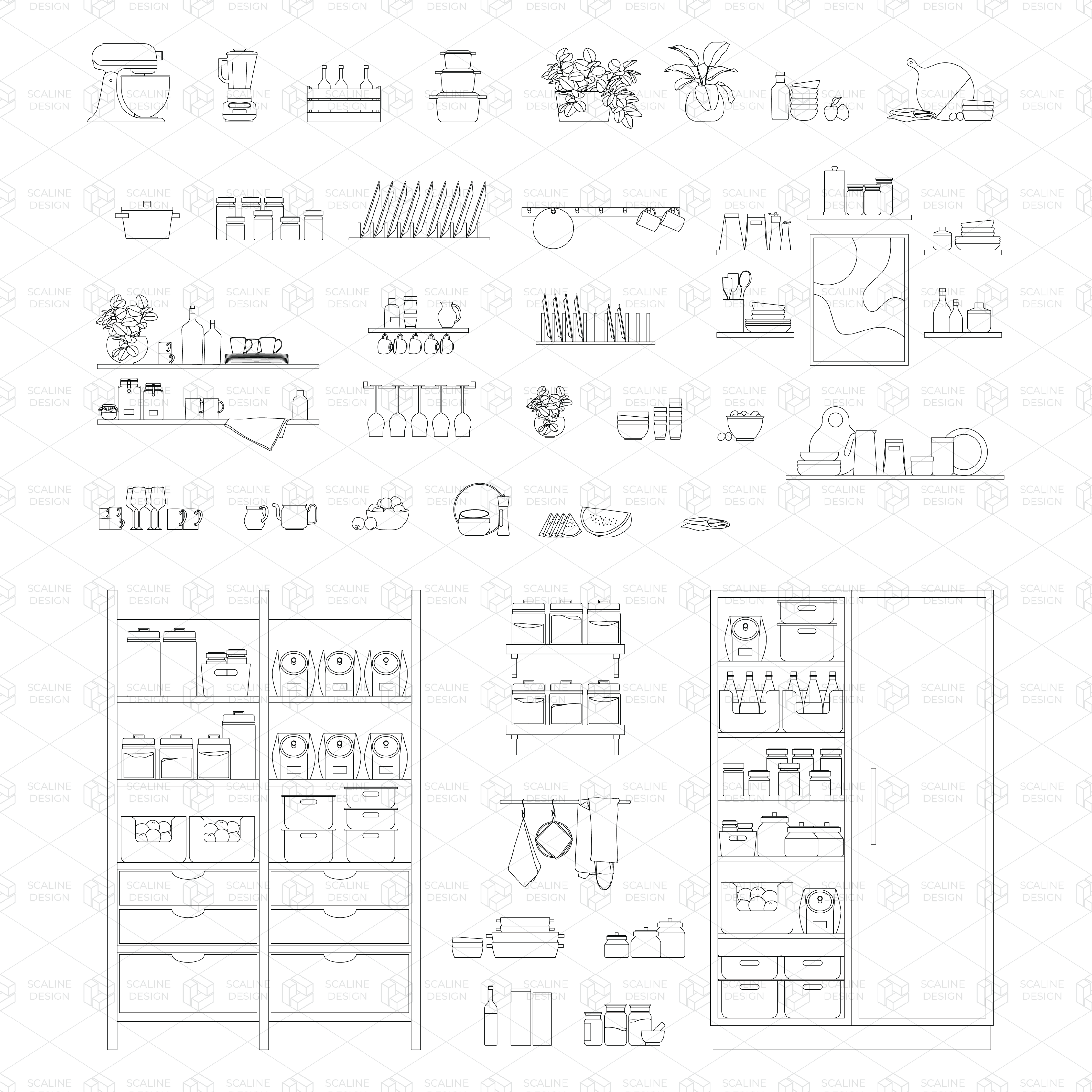 Cad Kitchen Pantry Appliances and Decoration Digital Artwork drawings | Toffu Co