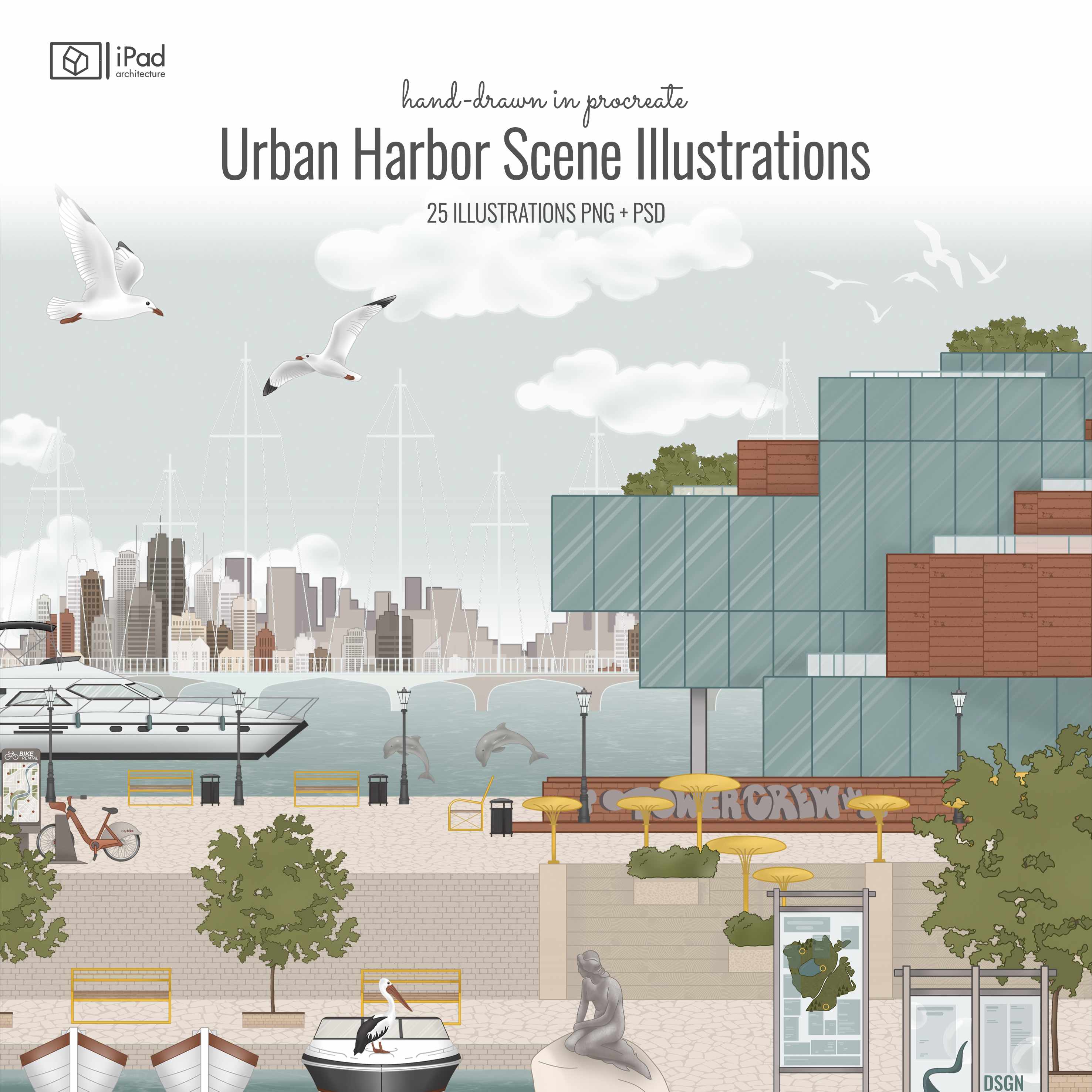 Procreate Urban Harbor Scene Illustrations PNG - Toffu Co