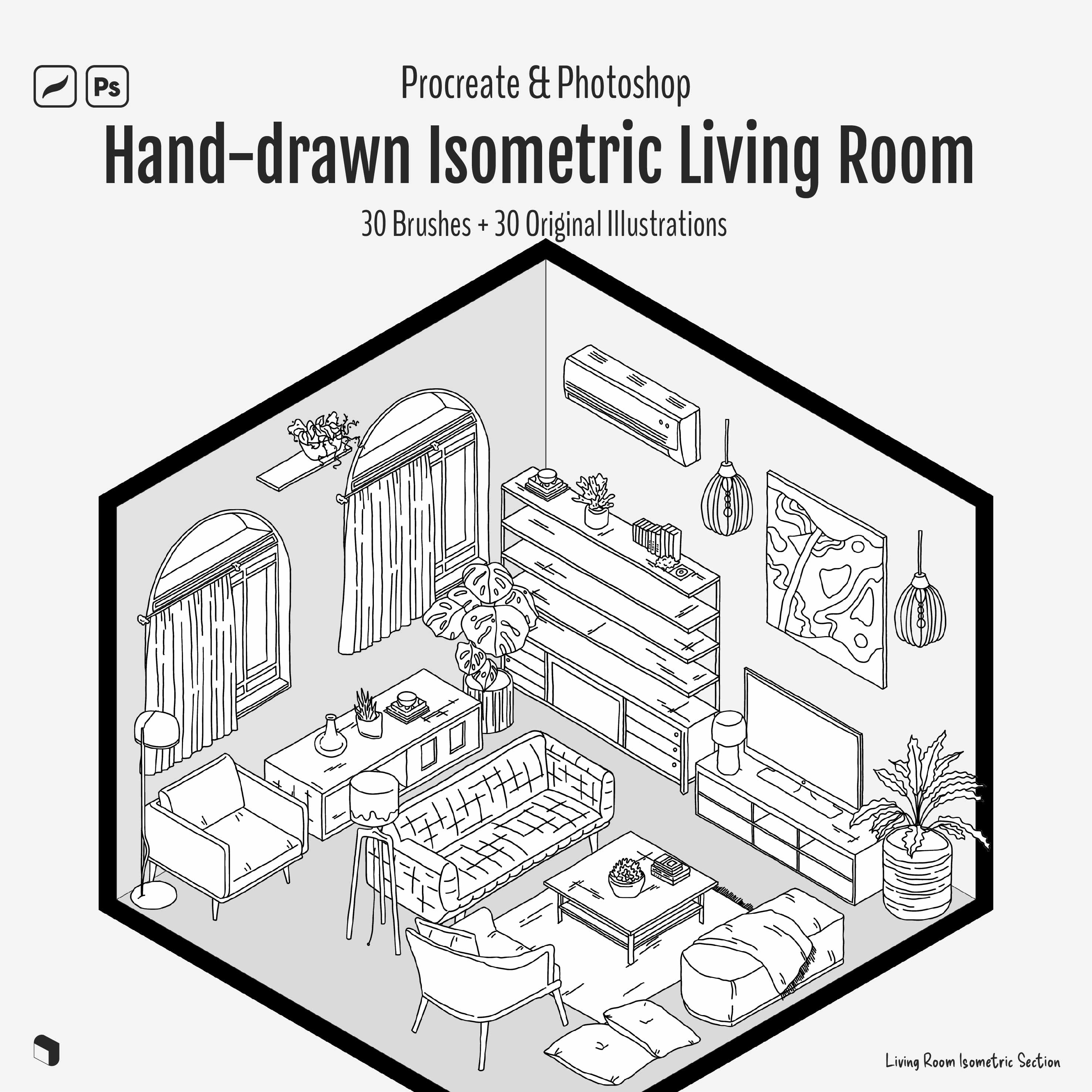 Procreate & Photoshop Hand-drawn Isometric Living Room Brushset & Illu ...