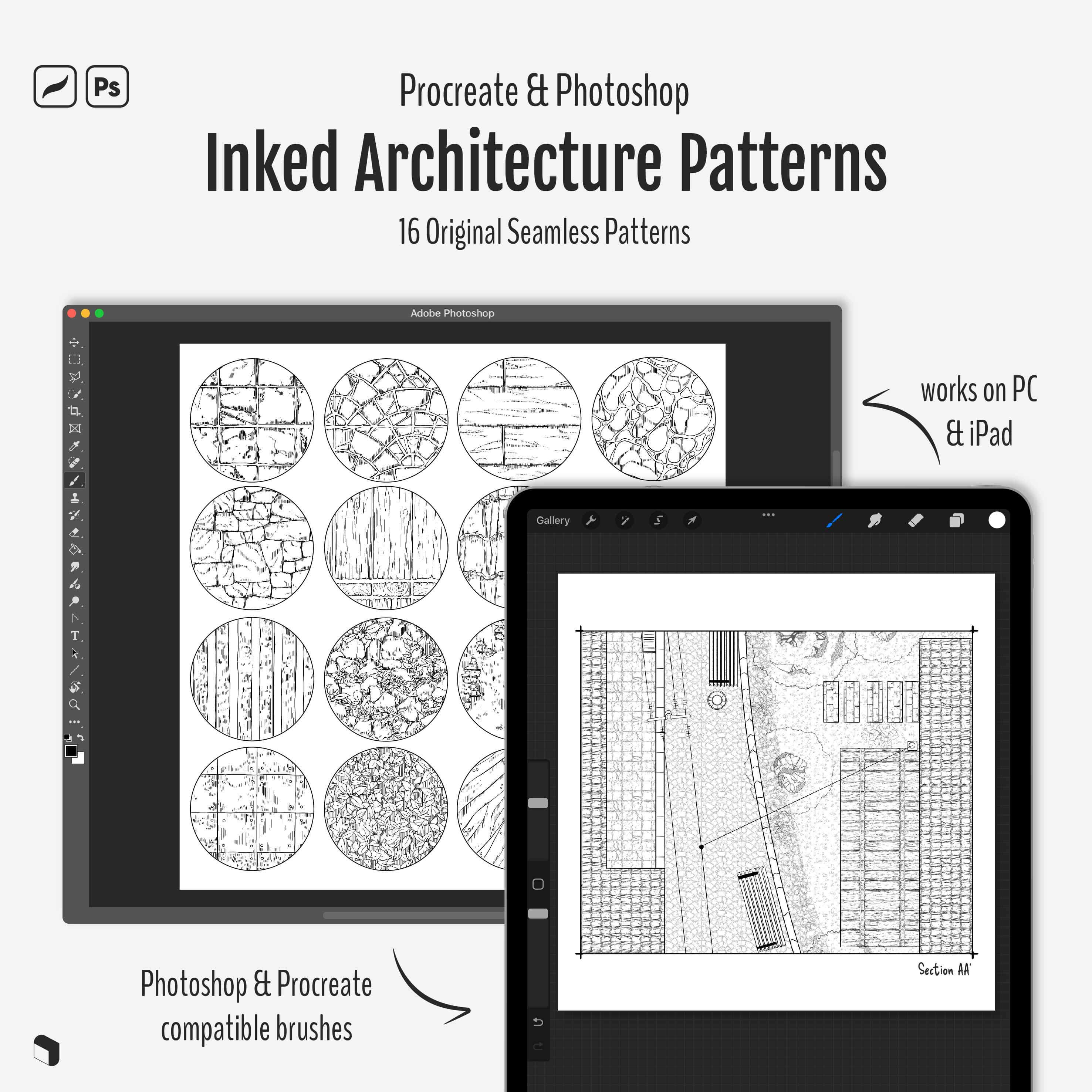 Procreate & Photoshop Inked Architecture Patterns Brushset Digital Artwork drawings | Toffu Co