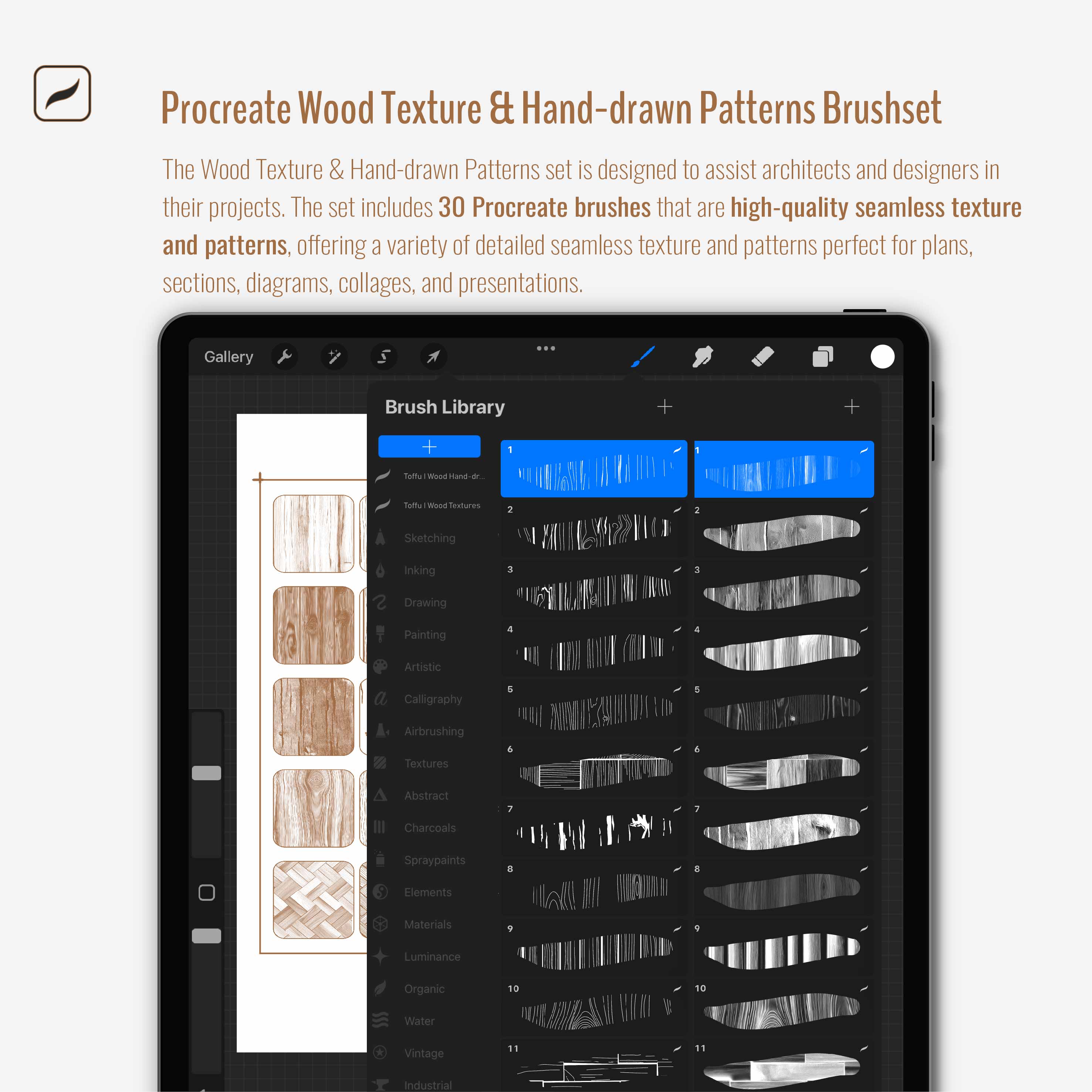 Procreate & Photoshop Wood Texture and Hand-drawn Patterns Brushset Digital Artwork drawings | Toffu Co