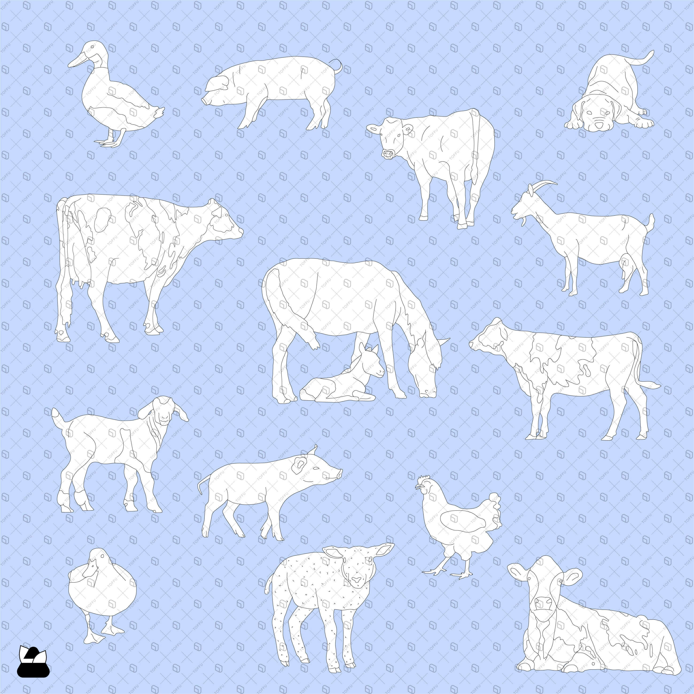 Flat Vector - Cad Farm Animals Digital Artwork drawings | Toffu Co