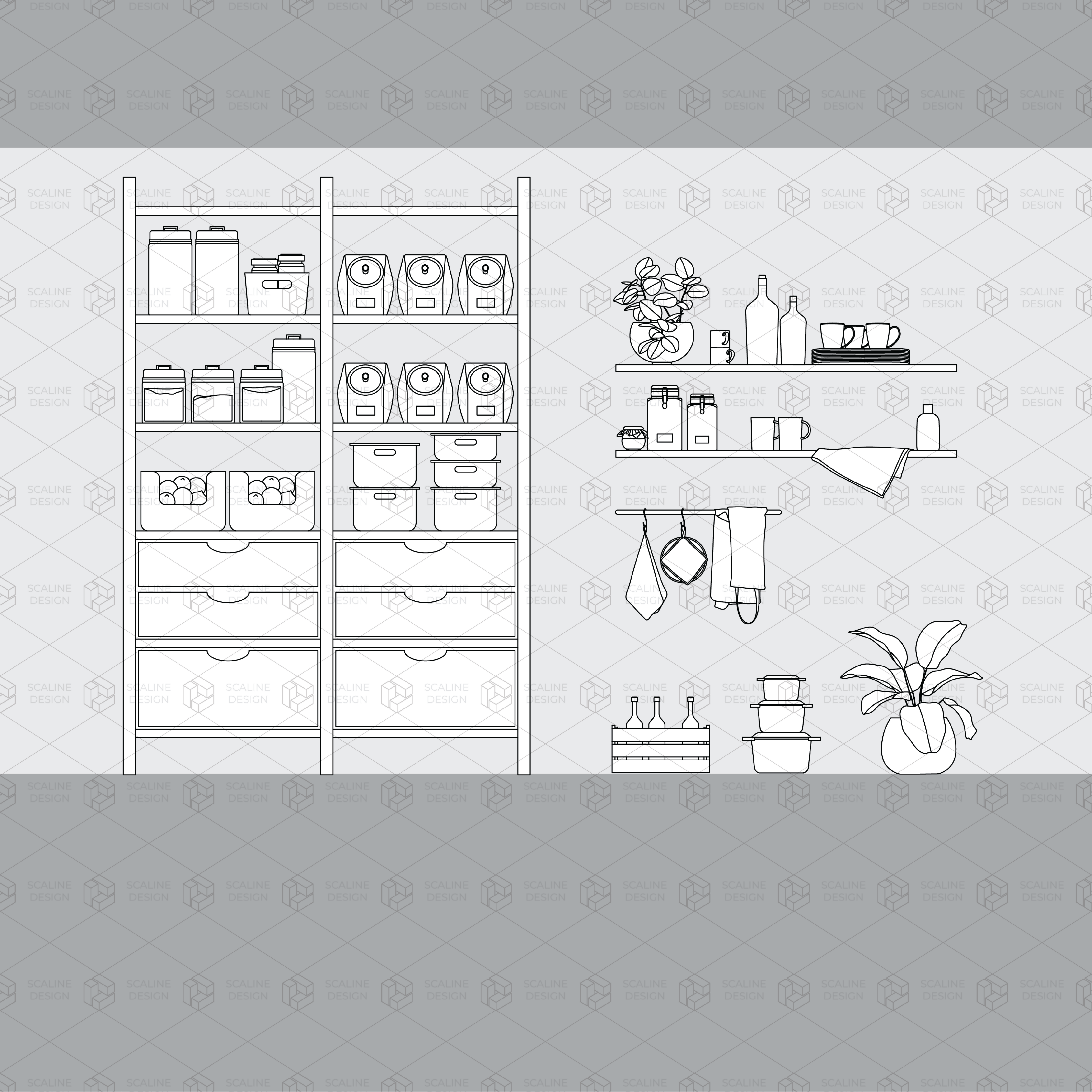 Cad Kitchen Pantry Appliances and Decoration Digital Artwork drawings | Toffu Co