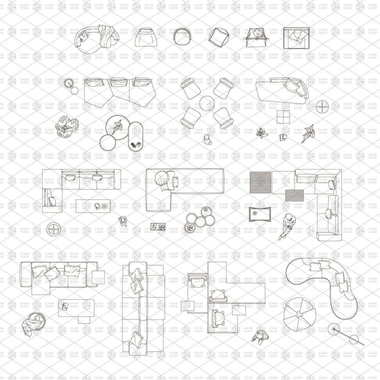 Cad Living Room and Lounge Furniture Top View Digital Artwork drawings | Toffu Co