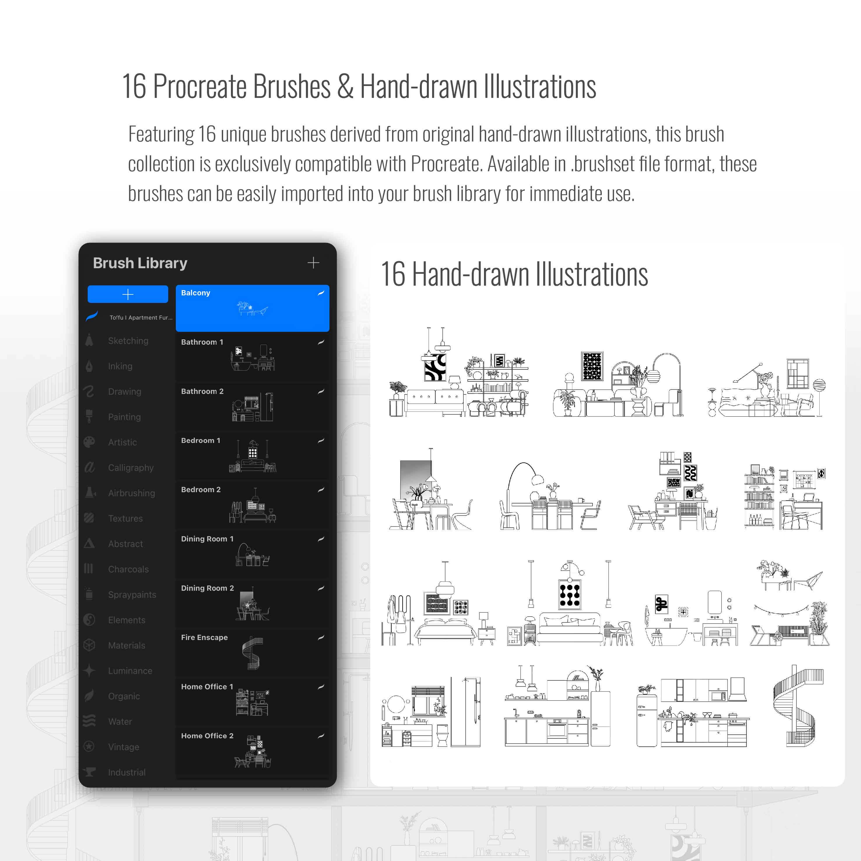 Procreate Outline Apartment Furniture Brushset & Illustrations Digital Artwork drawings | Toffu Co