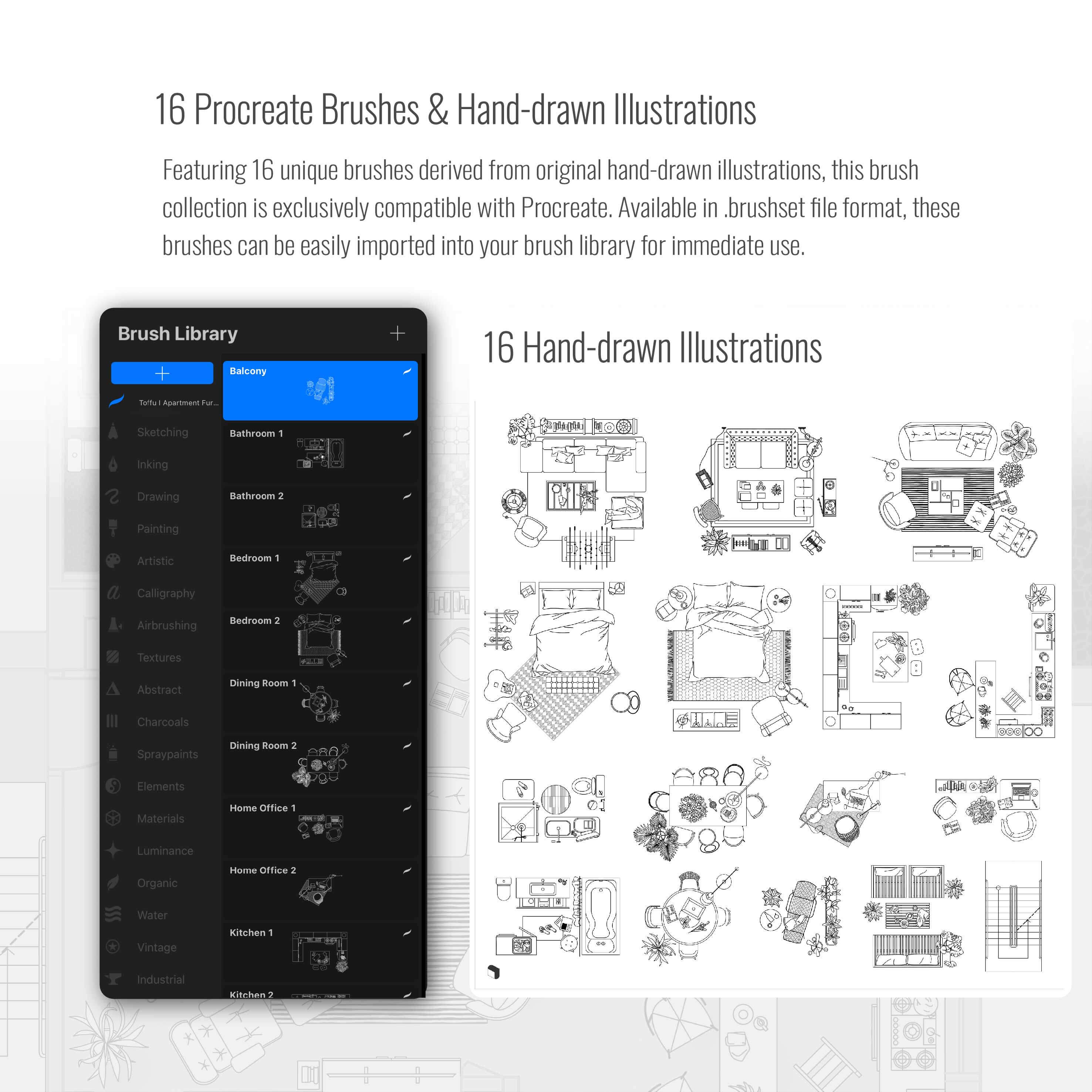 Procreate Outline Apartment Furniture Plan View Brushset & Illustrations Digital Artwork drawings | Toffu Co