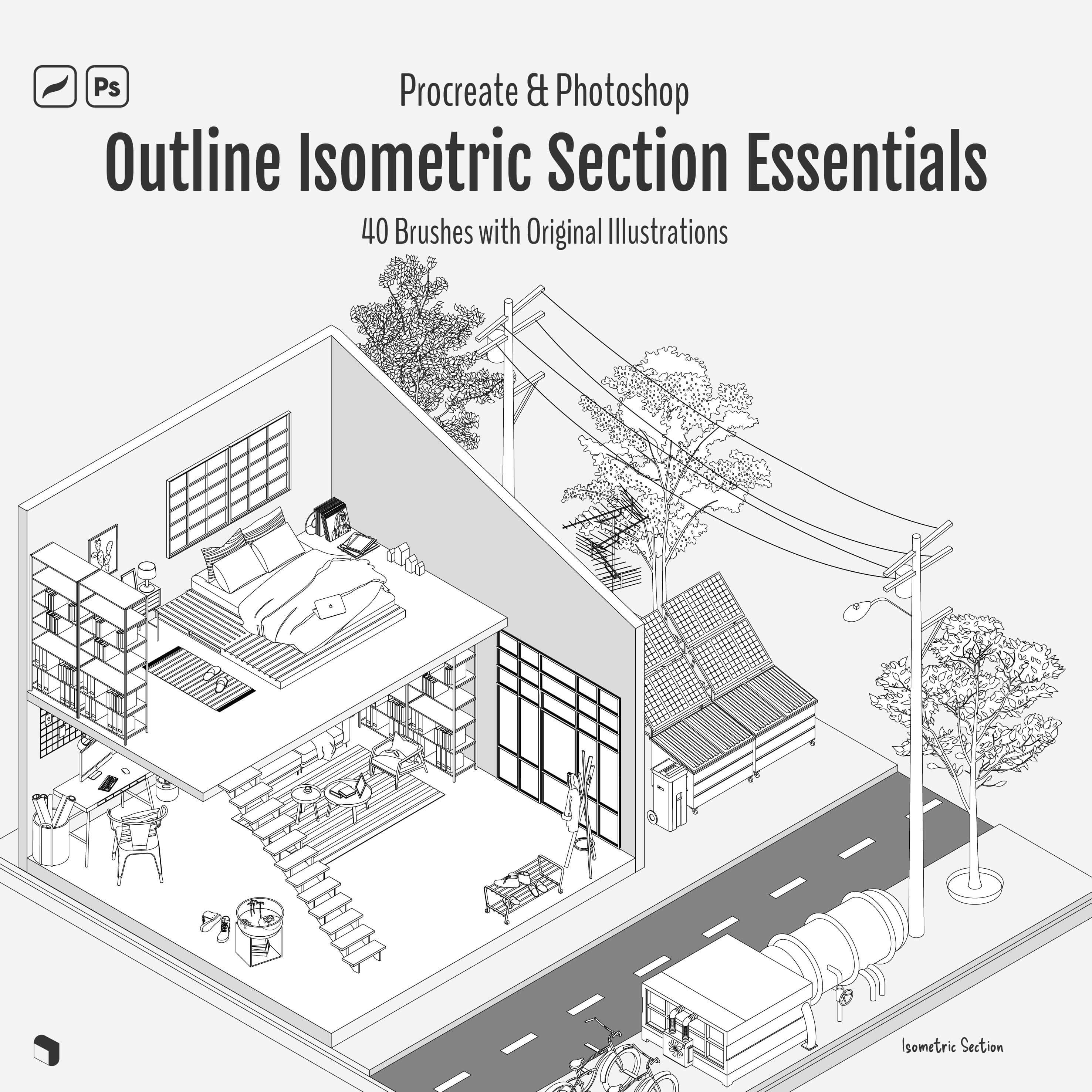 Procreate & Photoshop Outline Isometric Section Essentials Brushset & Illustrations Digital Artwork drawings | Toffu Co