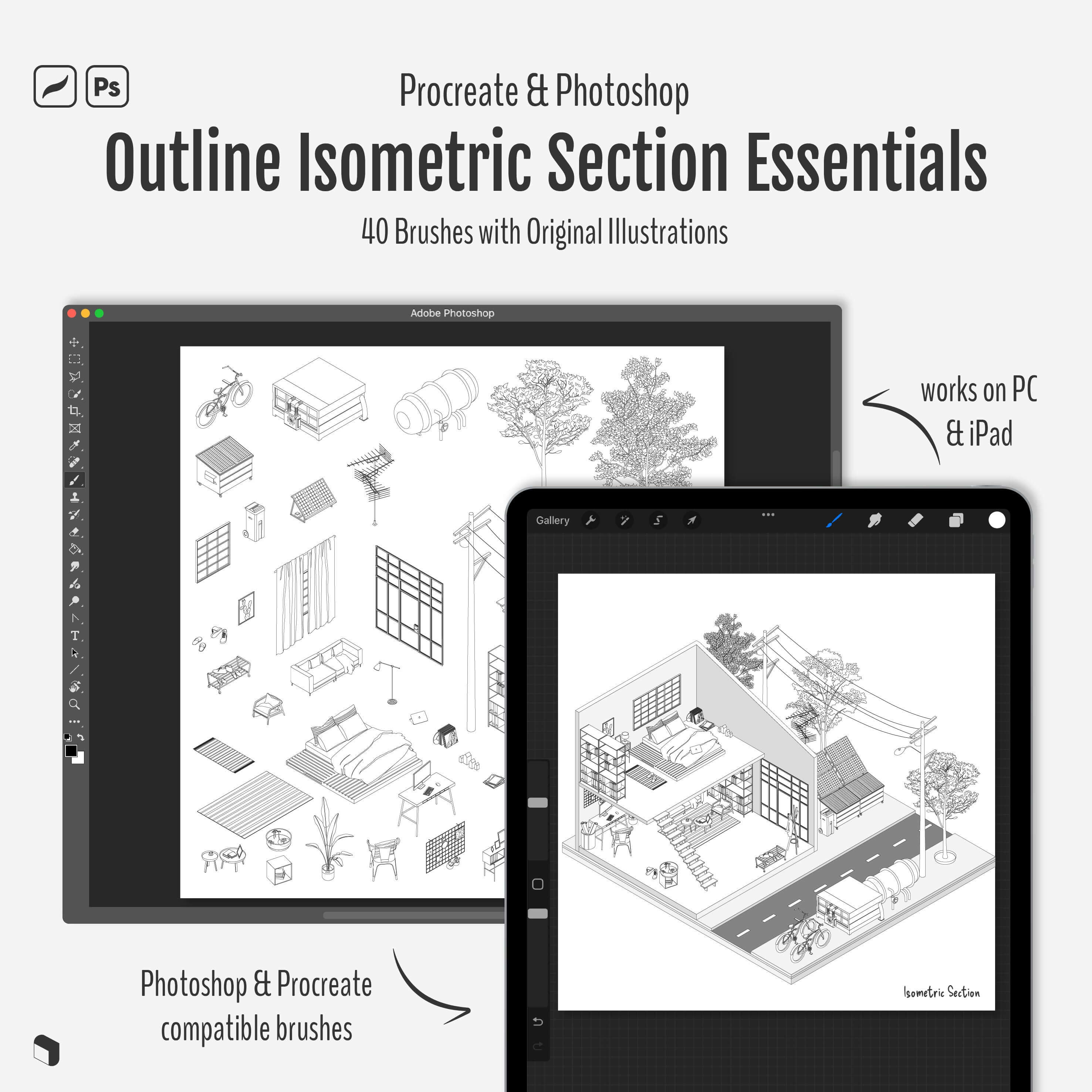 Procreate & Photoshop Outline Isometric Section Essentials Brushset & Illustrations Digital Artwork drawings | Toffu Co