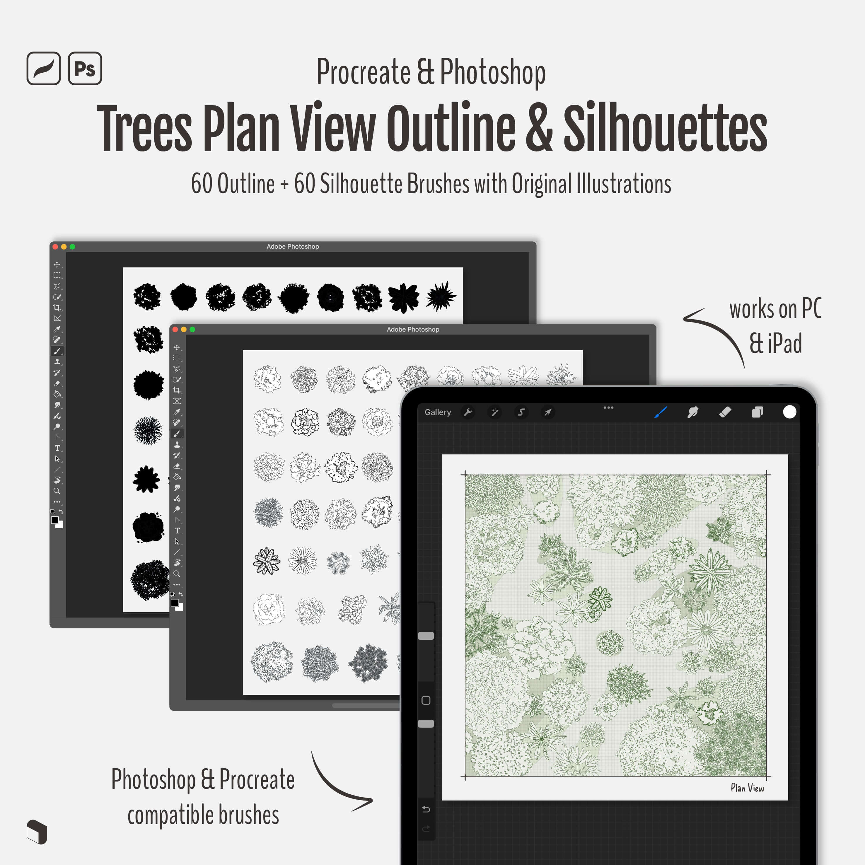 Procreate & Photoshop Trees Plan View Silhouette & Outline Brushset & Illustrations Digital Artwork drawings | Toffu Co