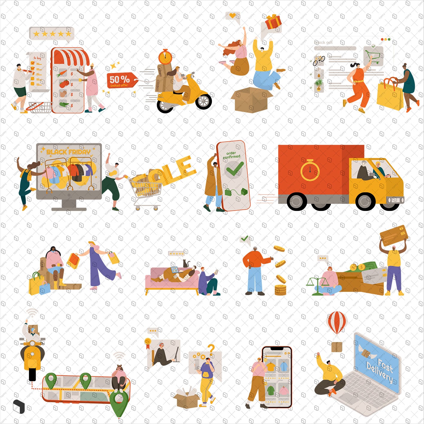 Flat Vector Web Design Online Shopping Characters PNG - Toffu Co