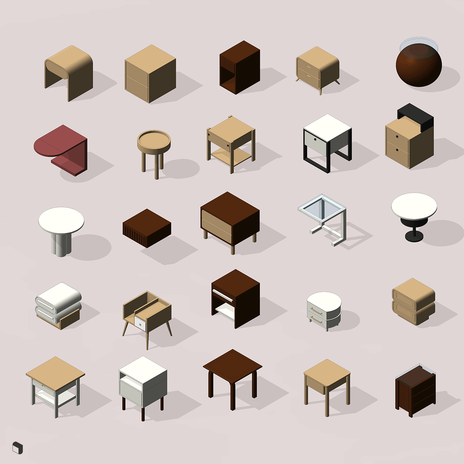 3D Model Revit Parametric Nightstands Digital Artwork drawings | Toffu Co
