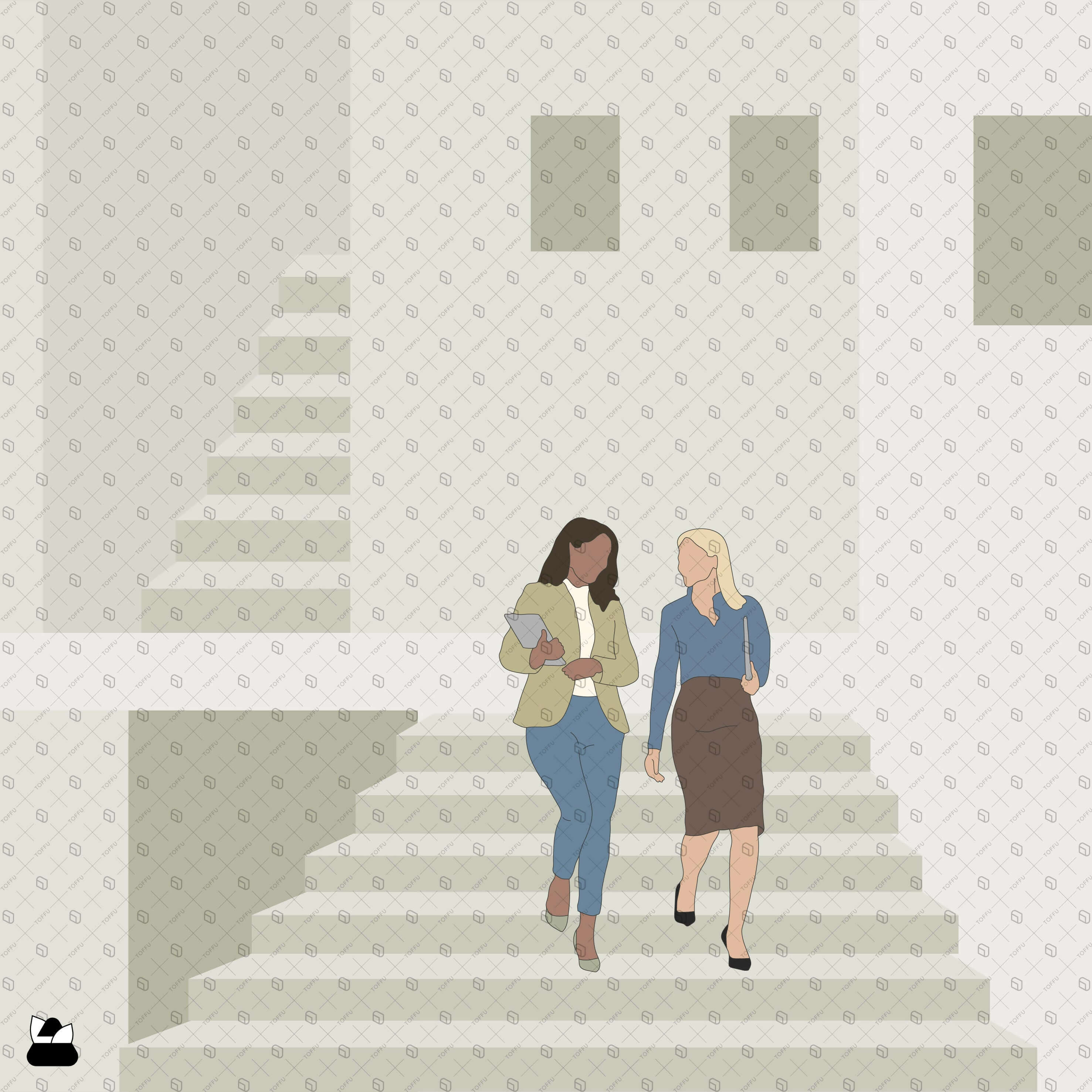 Flat Vector - Cad People Walking Downstairs Digital Artwork drawings | Toffu Co