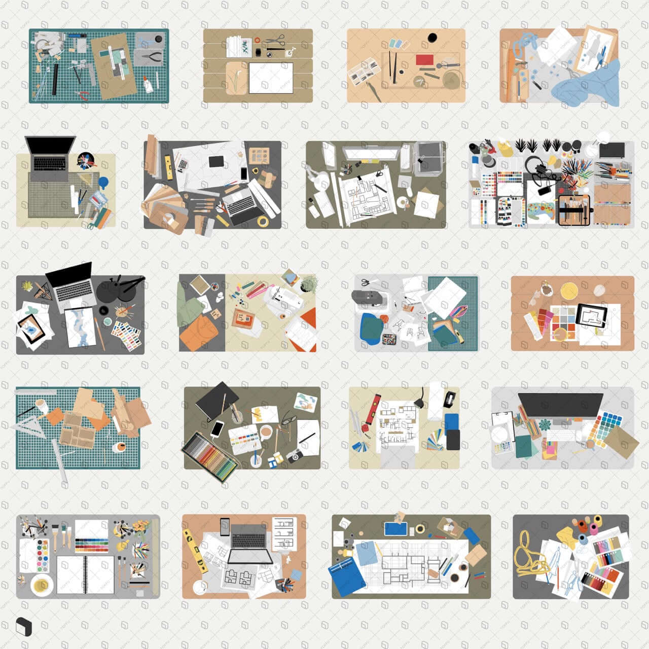 Flat Vector Designers' Desk Top View Desktop Wallpapers drawings | Toffu Co