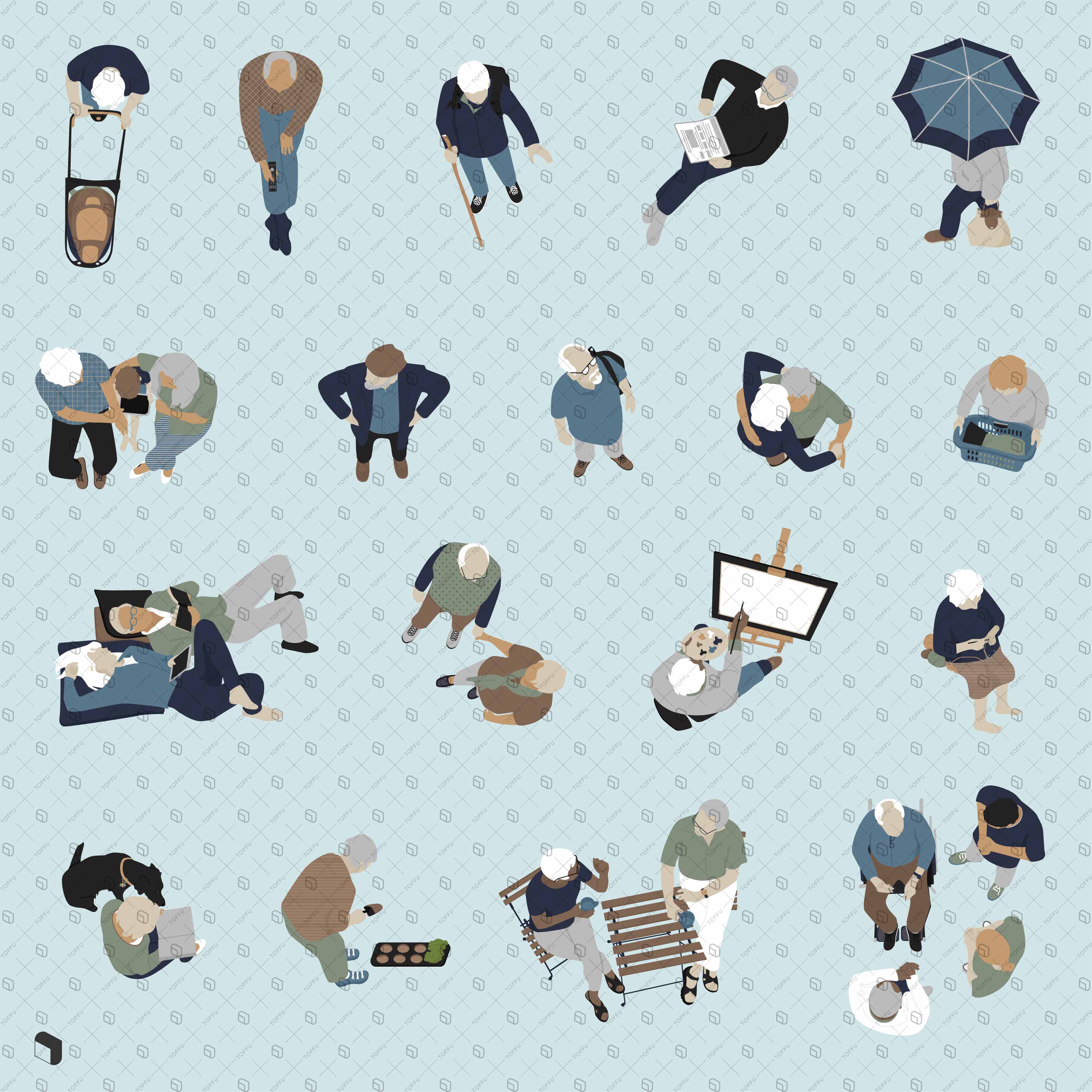 Flat Vector Senior People Top View Digital Artwork drawings | Toffu Co