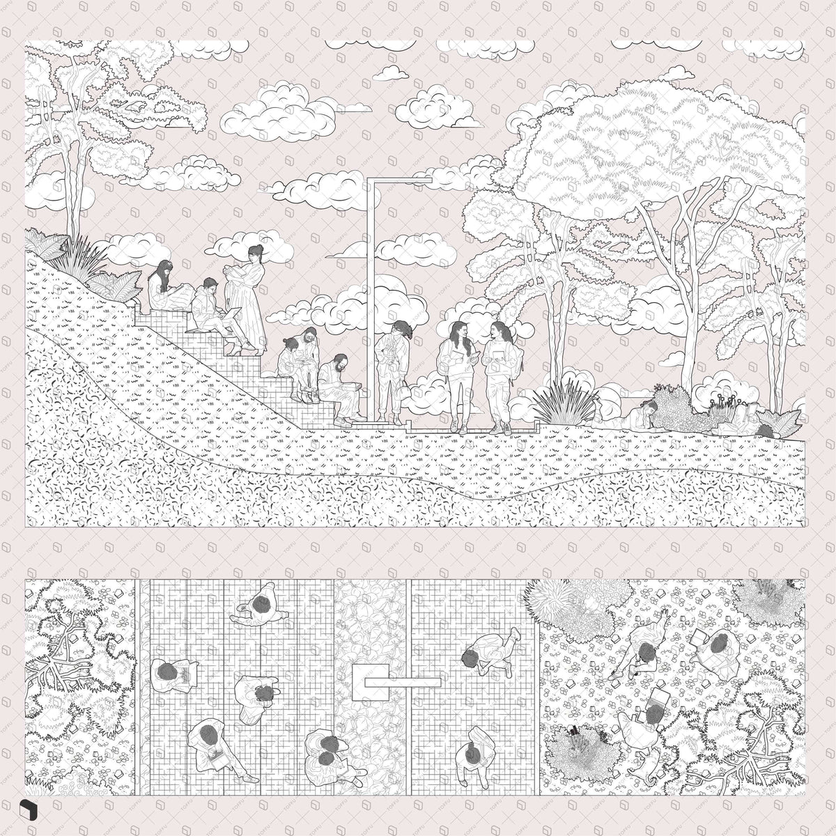 Flat Vector Detailed Learning Stairs Section and Plan | Toffu Co