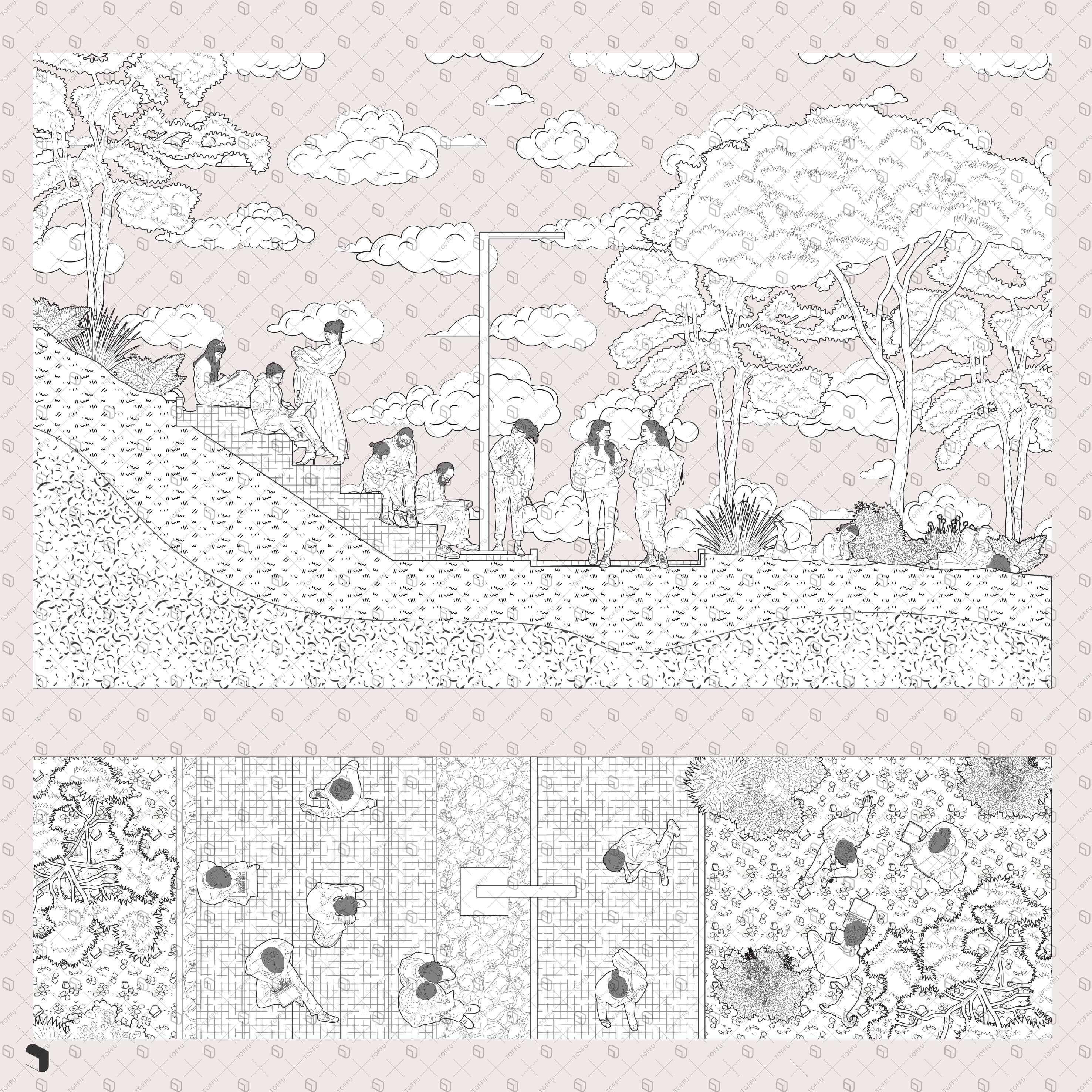 Flat Vector Detailed Learning Stairs Section and Plan Digital Artwork drawings | Toffu Co