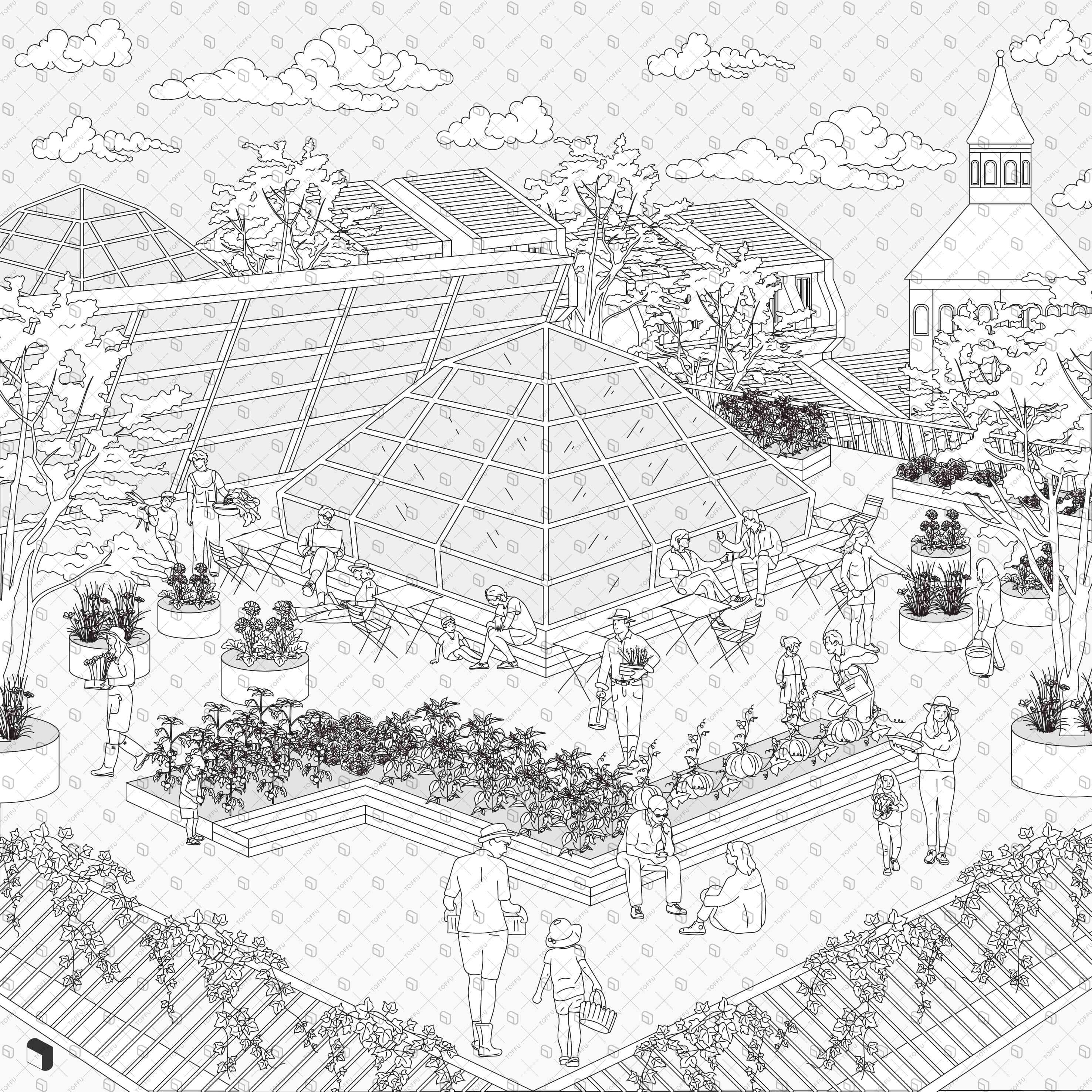 Flat Vector Freehand Urban Garden Digital Artwork drawings | Toffu Co