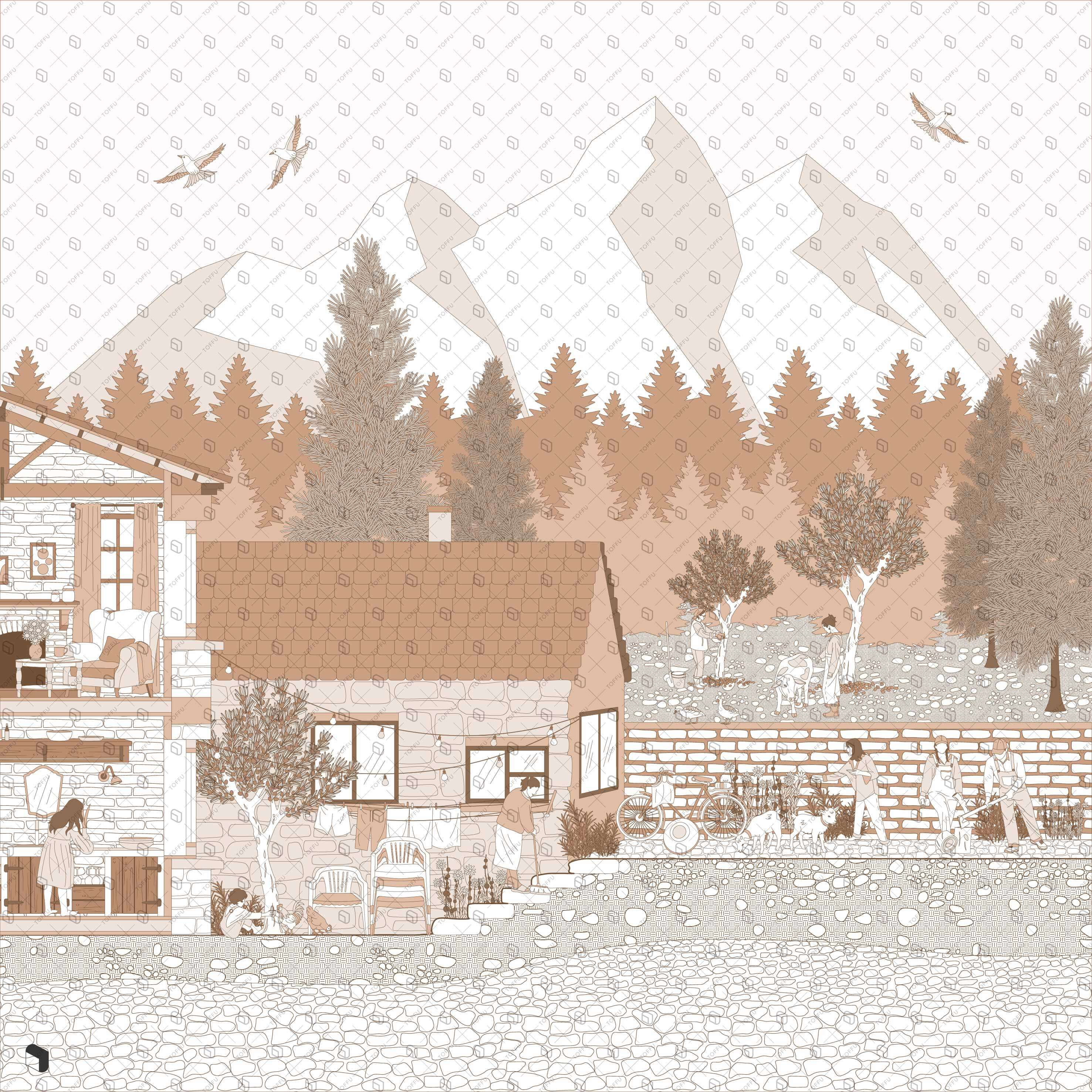 Flat Vector Rural House Backyard Section Digital Artwork drawings | Toffu Co
