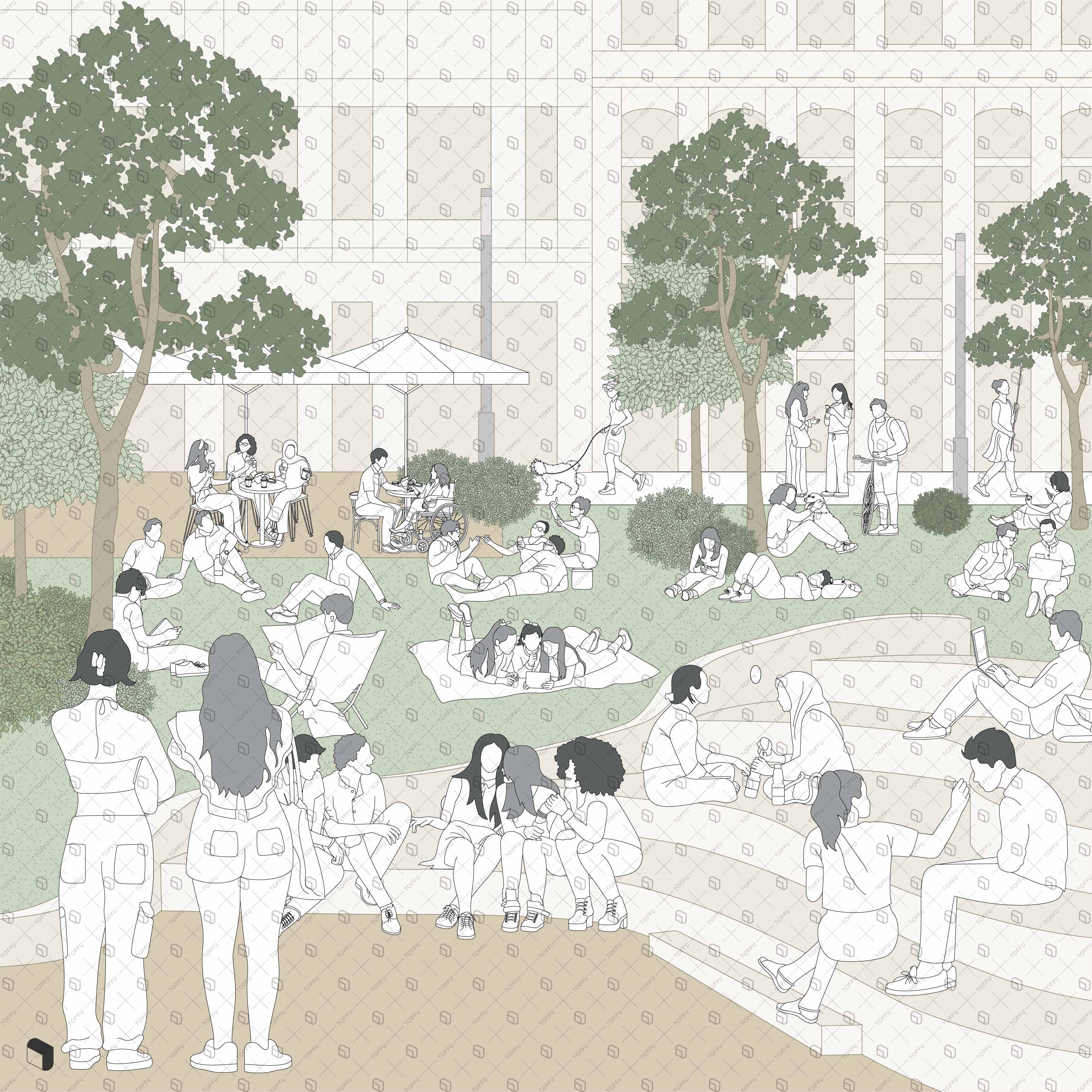 Flat Vector Urban Square Park Zone Digital Artwork drawings | Toffu Co
