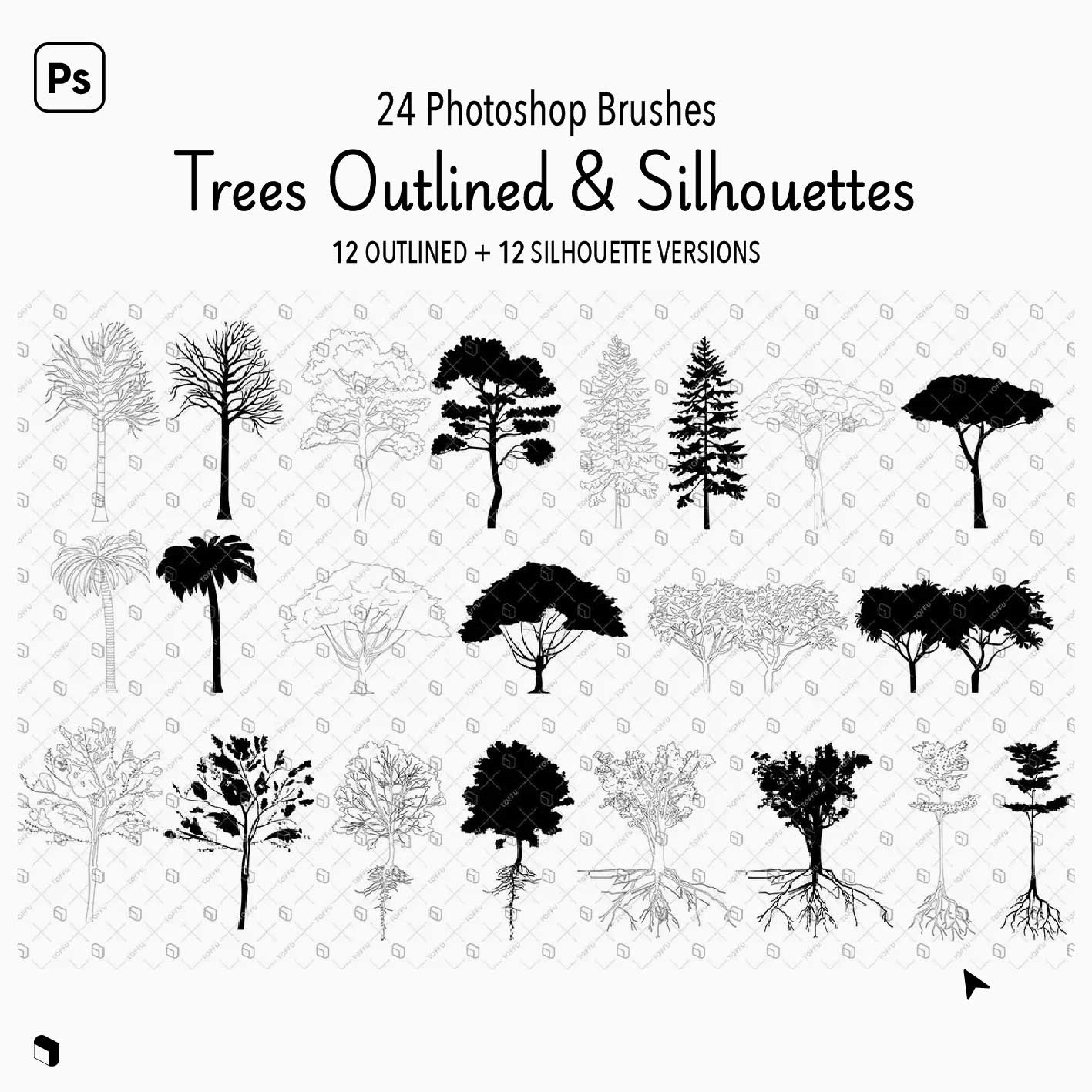 Photoshop Brush Trees Outlined and Silhouette Digital Artwork drawings | Toffu Co