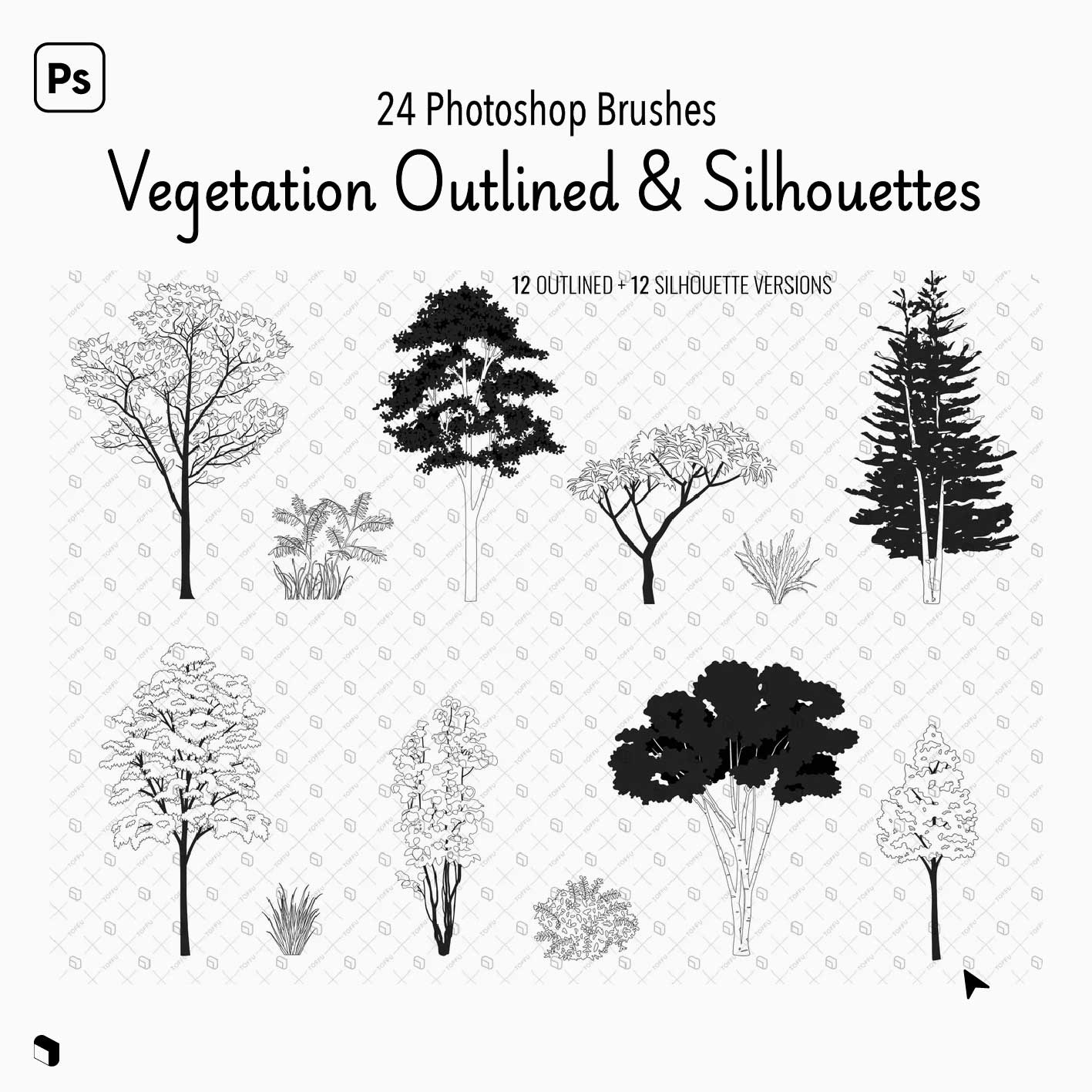 Photoshop Brush Vegetation Outlined and Silhouette Digital Artwork drawings | Toffu Co