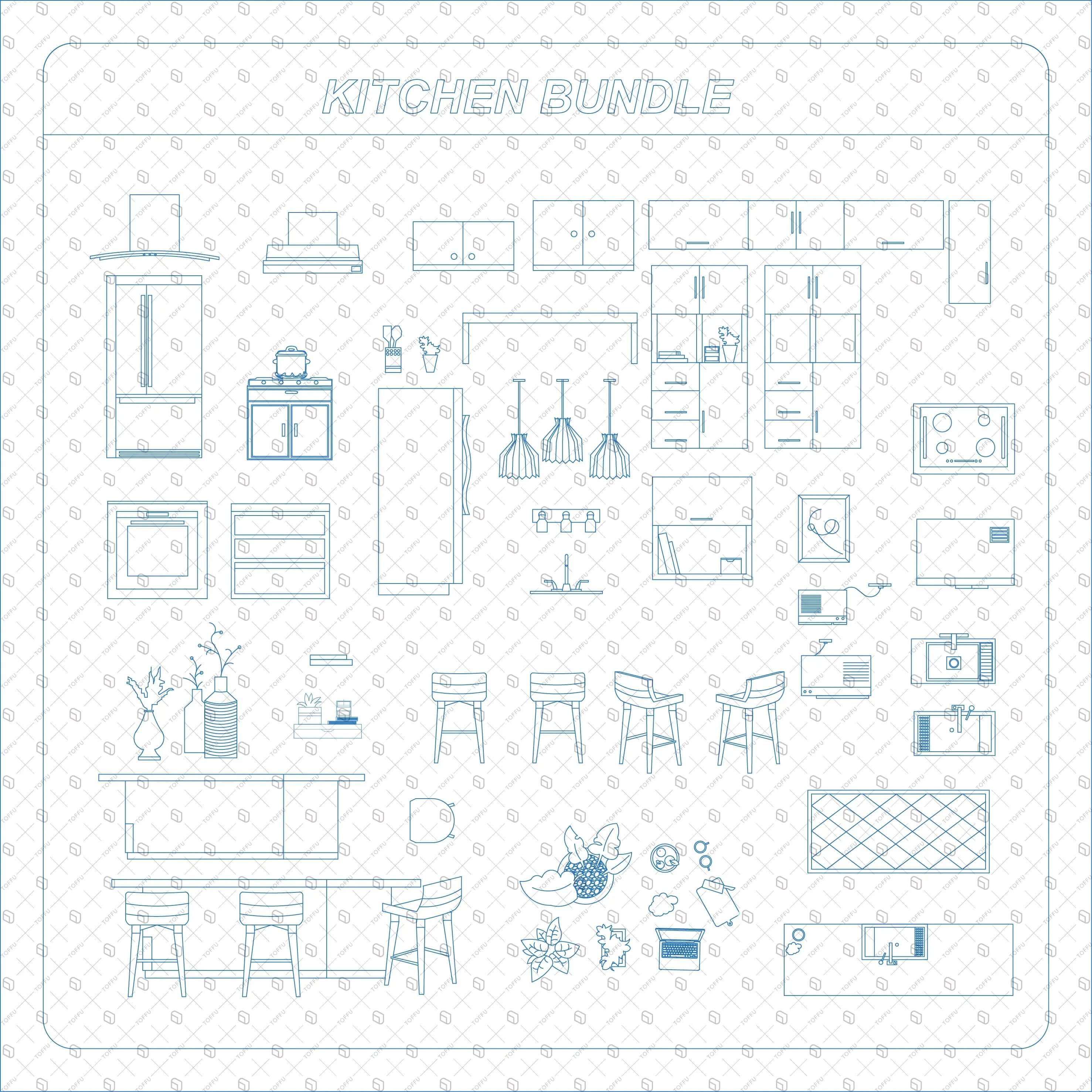 Flat Vector Kitchen Furniture Clutter and Plans Digital Artwork drawings | Toffu Co