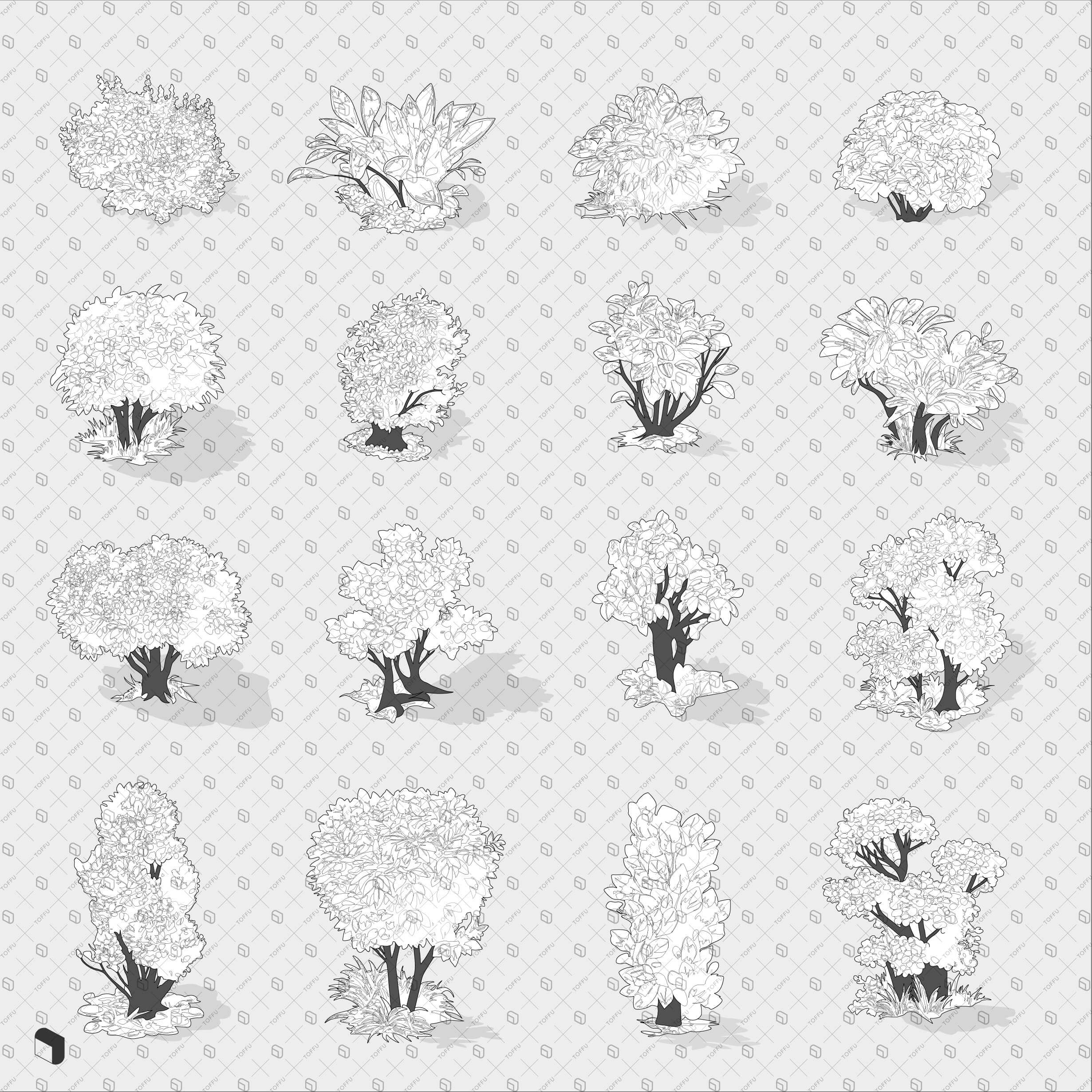 Axonometric Cad & Cutout Bush Silhouettes Digital Artwork drawings | Toffu Co