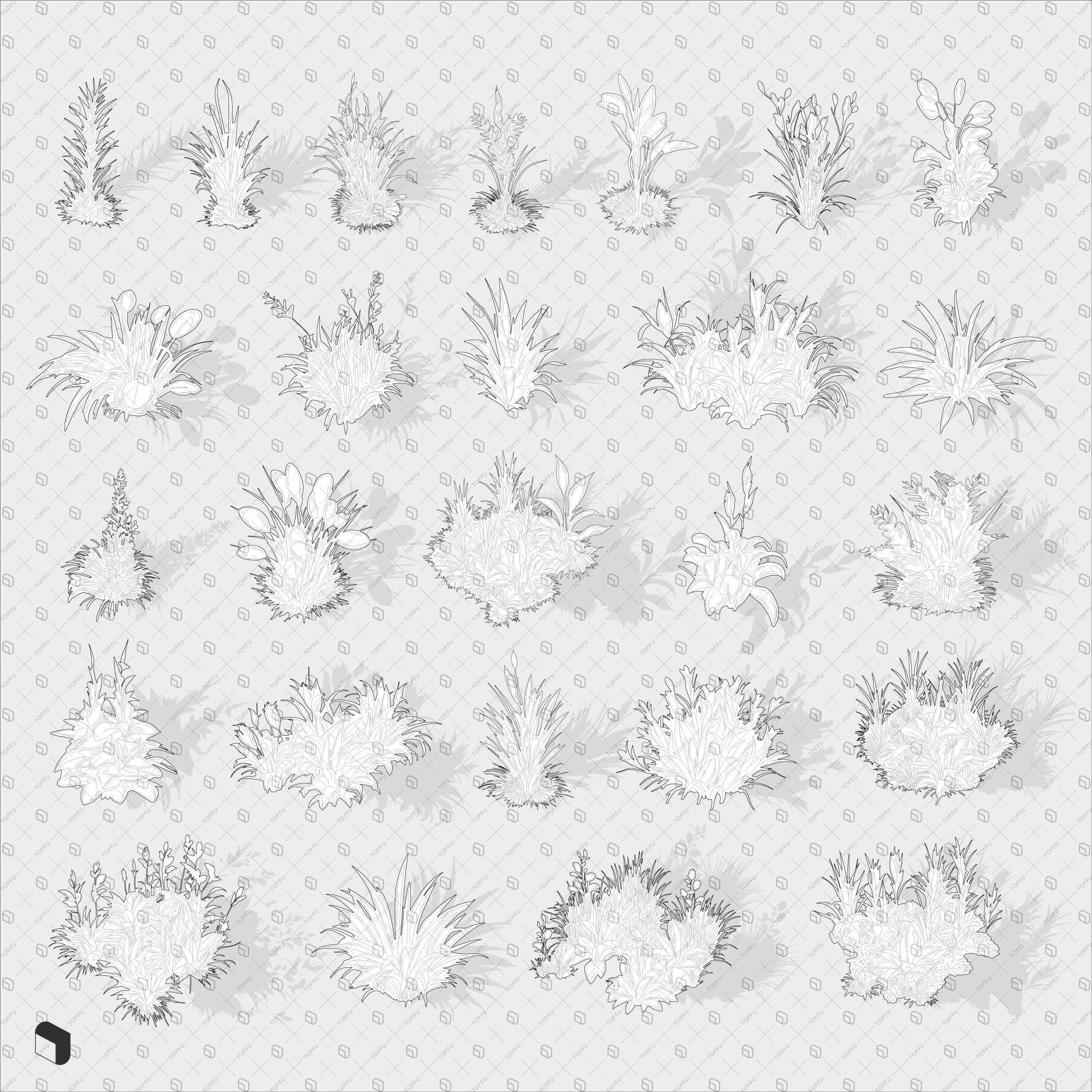 Axonometric Cad & Cutout Plants and Grass Silhouettes Digital Artwork drawings | Toffu Co