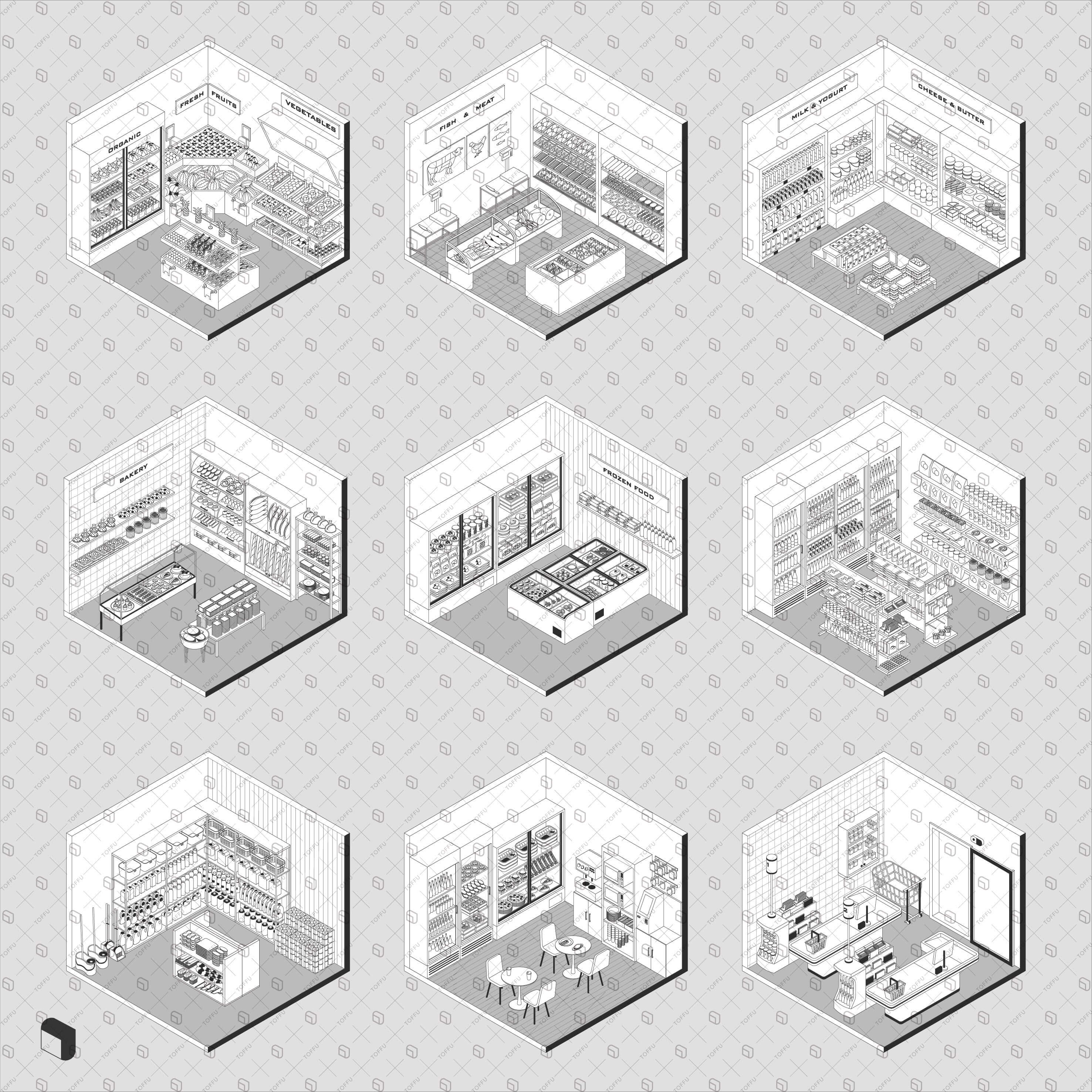 Axonometric Cad Grocery Setups Digital Artwork drawings | Toffu Co