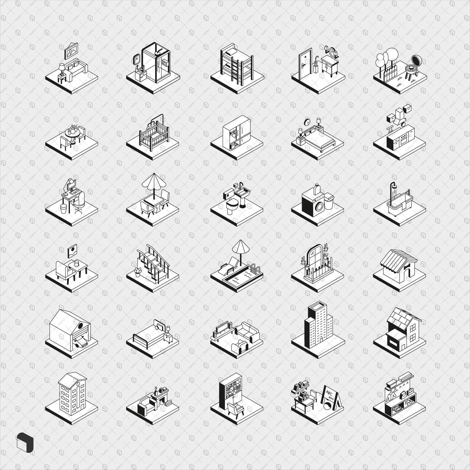 Axonometric Cad House Icon Set Digital Artwork drawings | Toffu Co