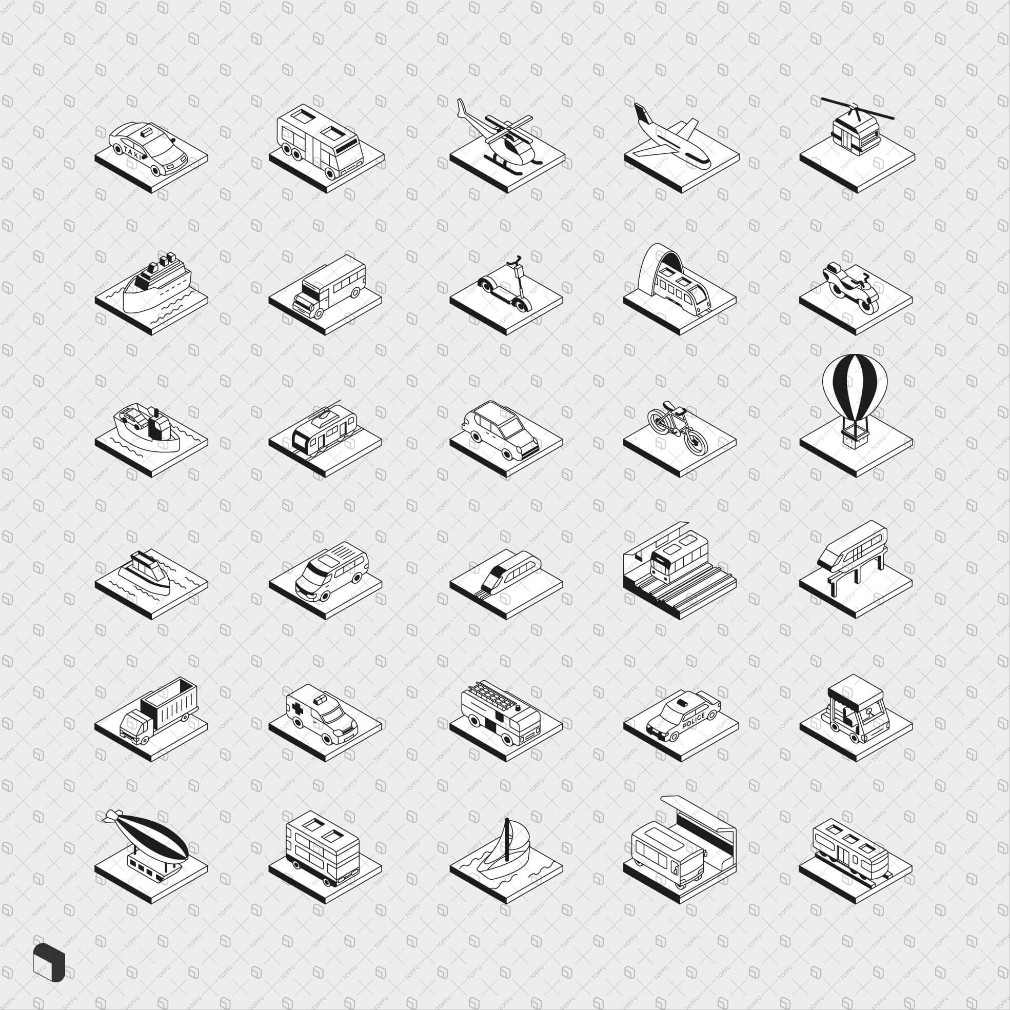 Axonometric Cad Public Transport Icon Set Digital Artwork drawings | Toffu Co