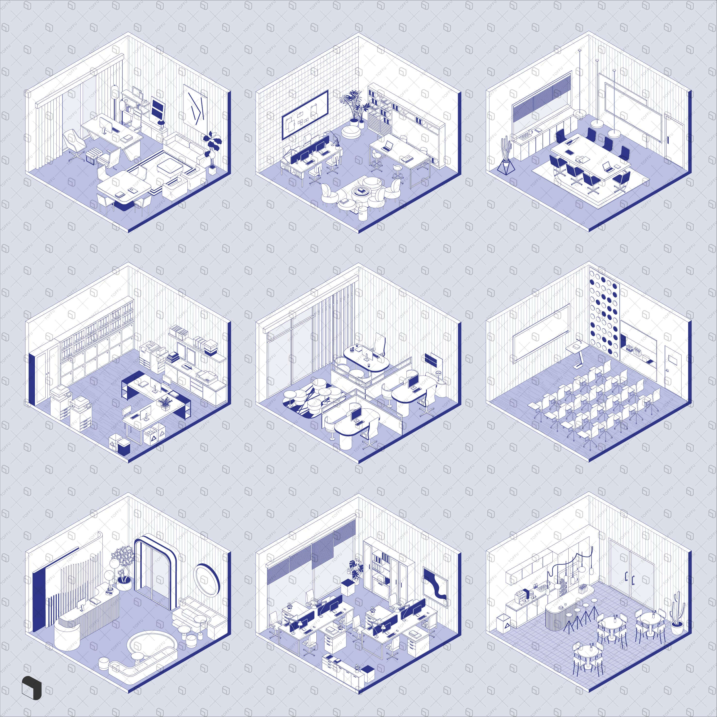 Axonometric Cad Office Setups Digital Artwork drawings | Toffu Co