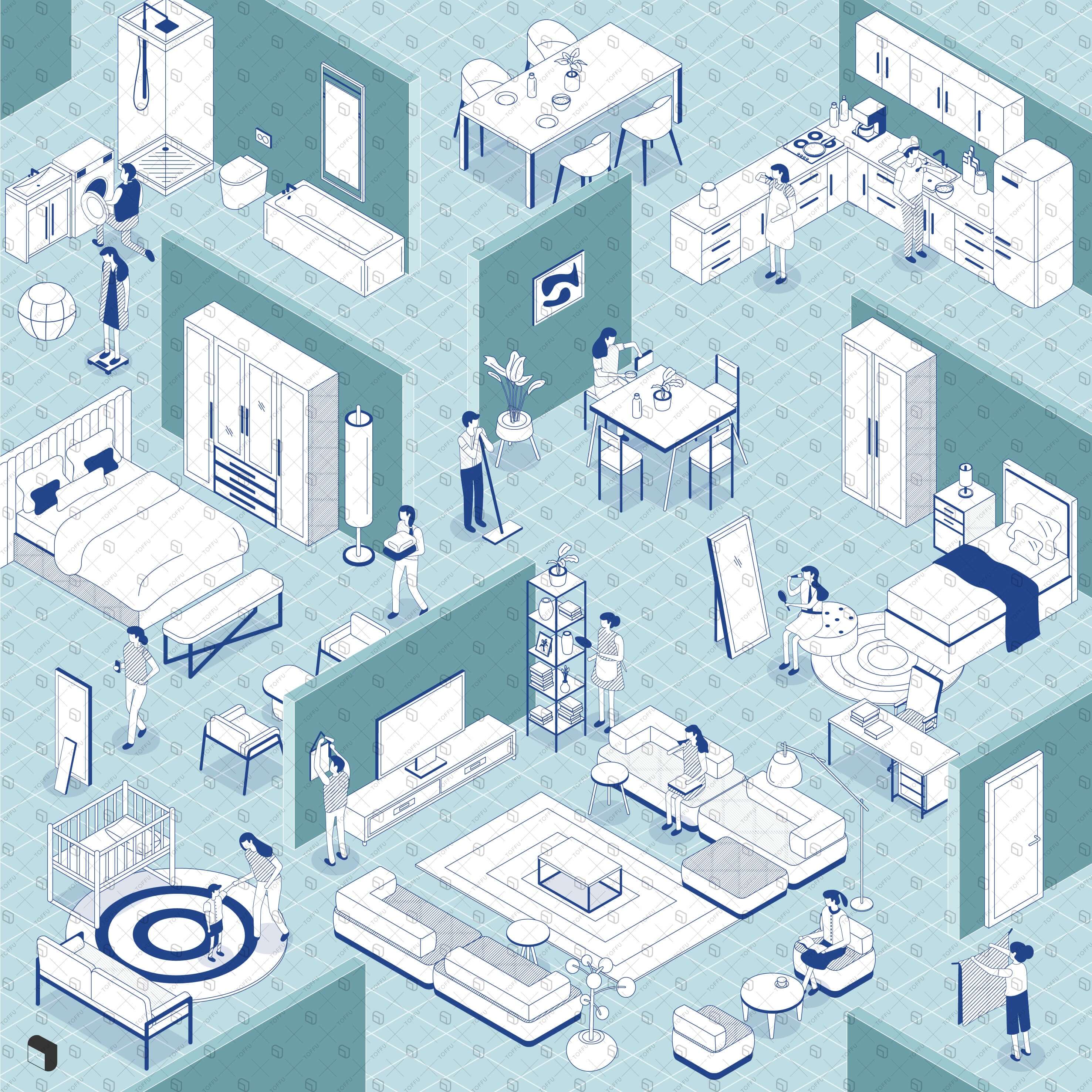 Axonometric Cad Tiny Home People & Furniture Digital Artwork drawings | Toffu Co