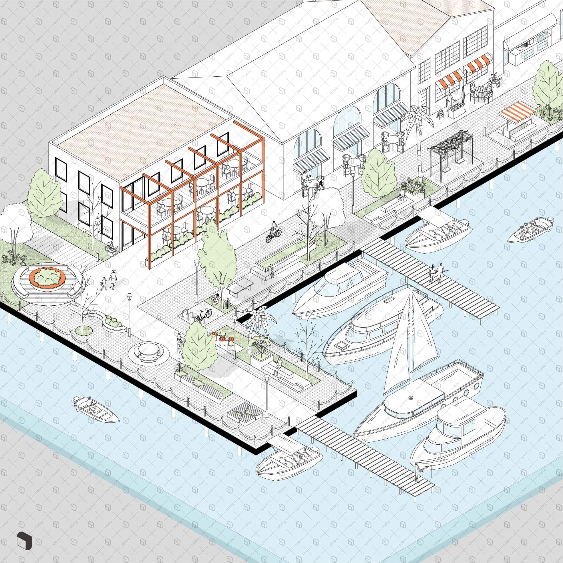 Axonometric Sketch Harbor Digital Artwork drawings | Toffu Co