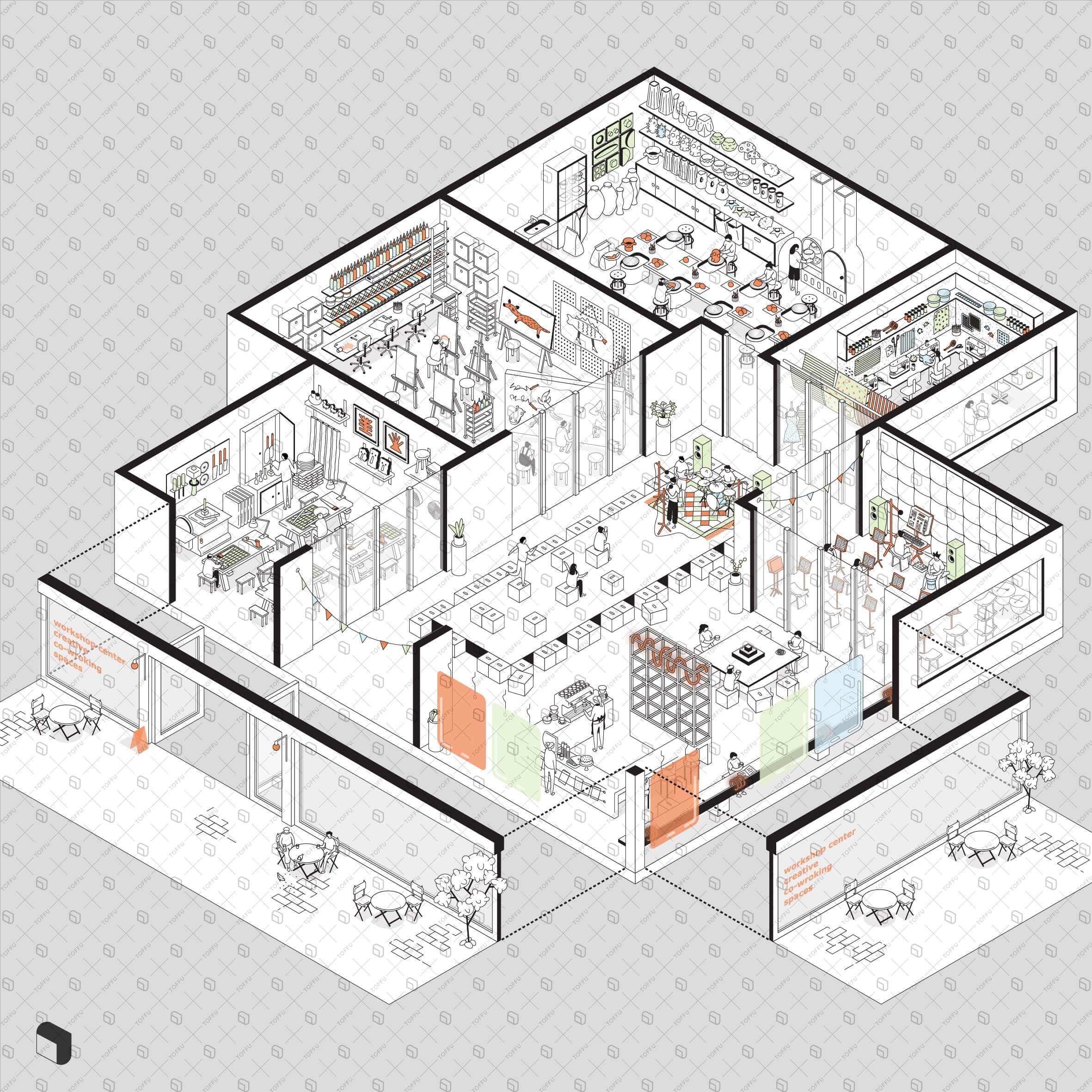 Axonometric Sketch Workshop Center Digital Artwork drawings | Toffu Co