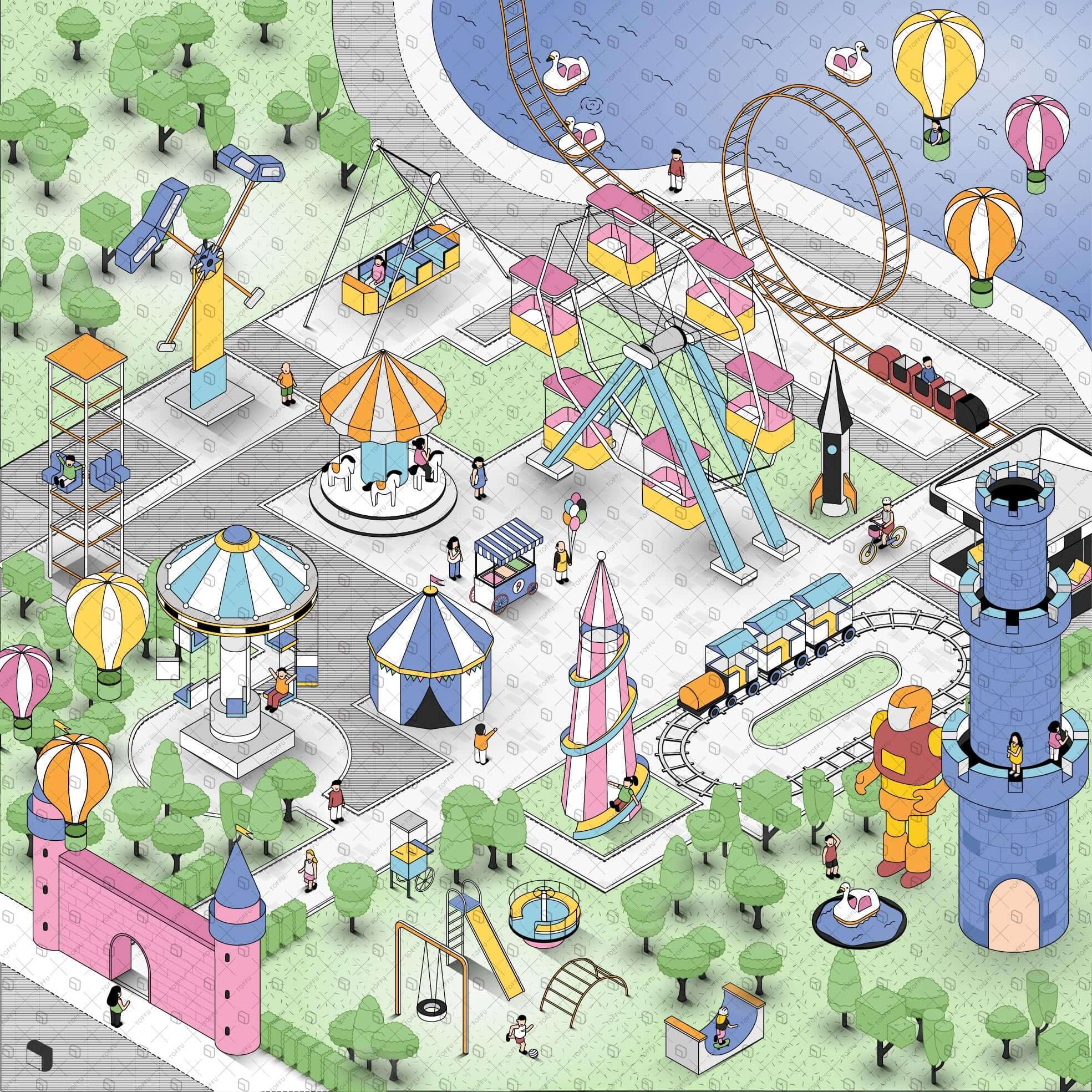 Axonometric Tiny Playground Digital Artwork drawings | Toffu Co