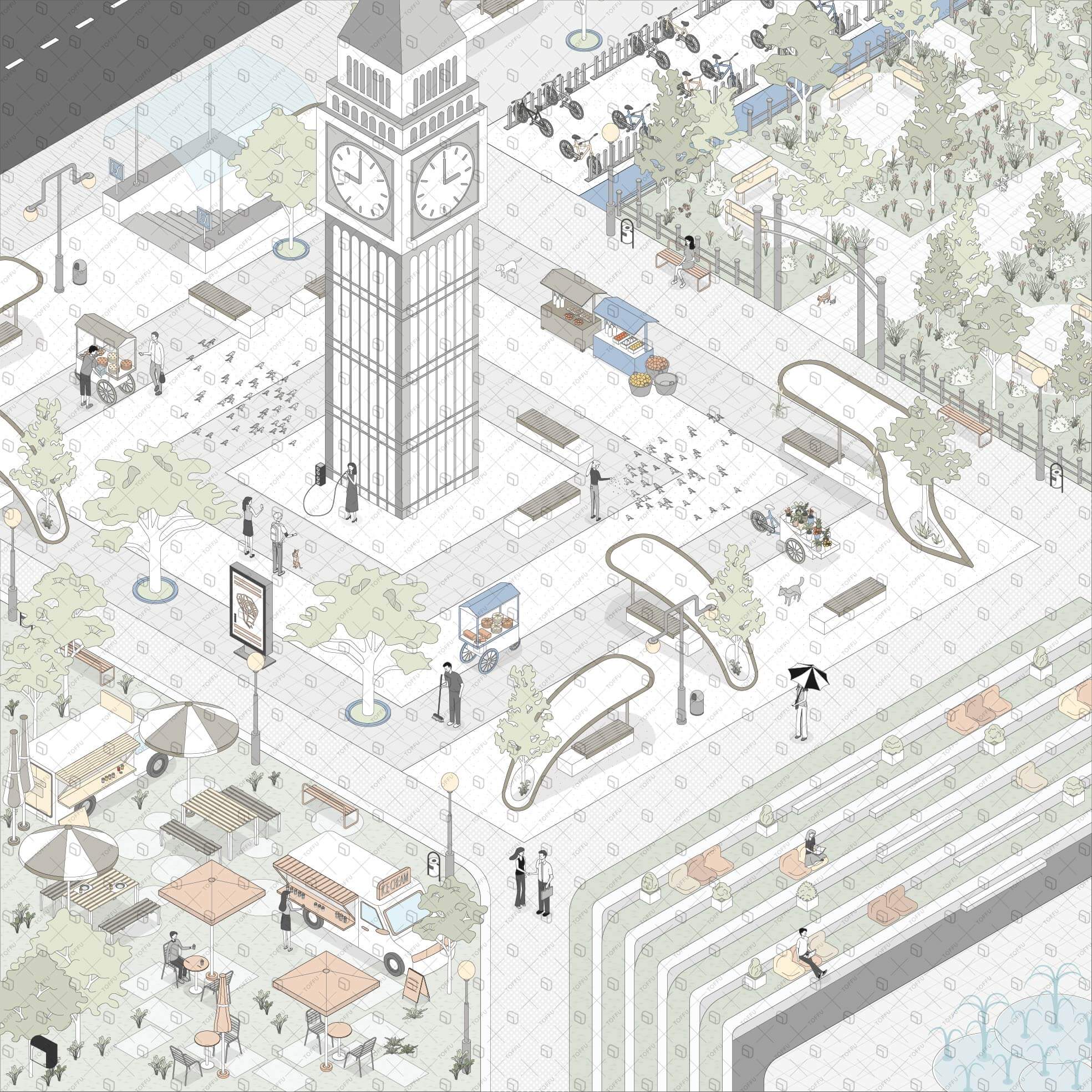 Axonometric City Square Zone Digital Artwork drawings | Toffu Co