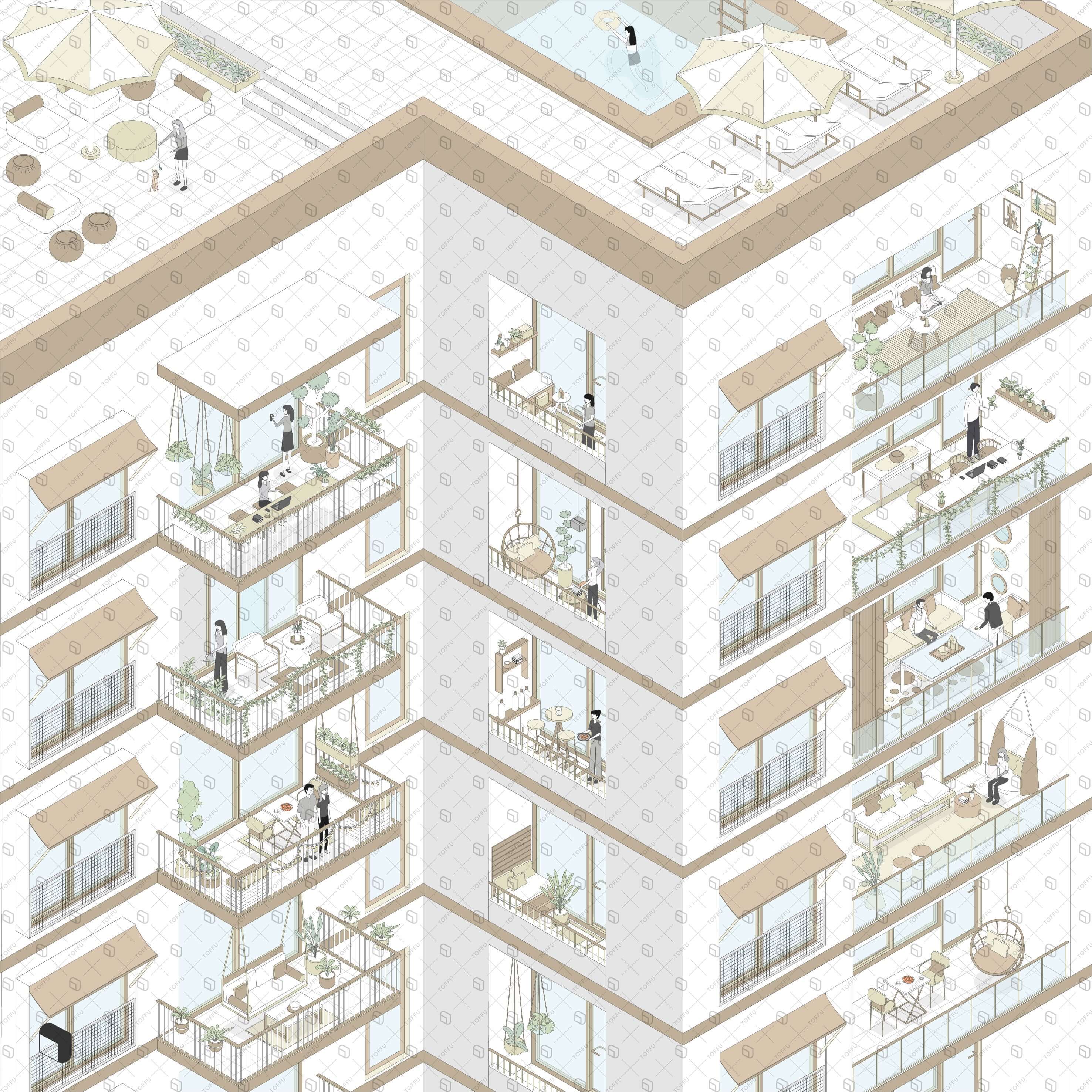 Axonometric Terrace & Balcony Zone Digital Artwork drawings | Toffu Co