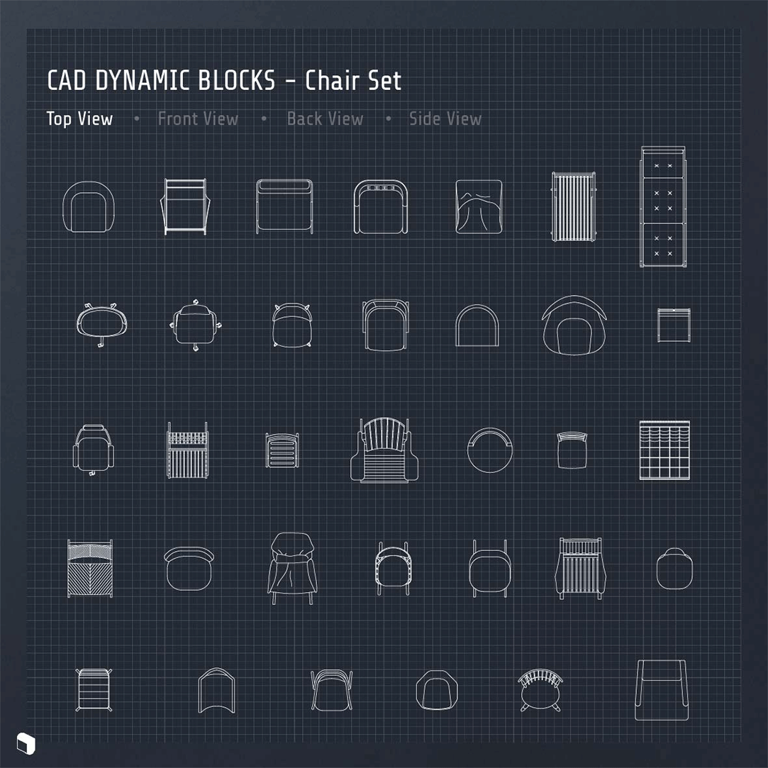Cad Multi-View Dynamic Blocks Chair Set Digital Artwork drawings | Toffu Co