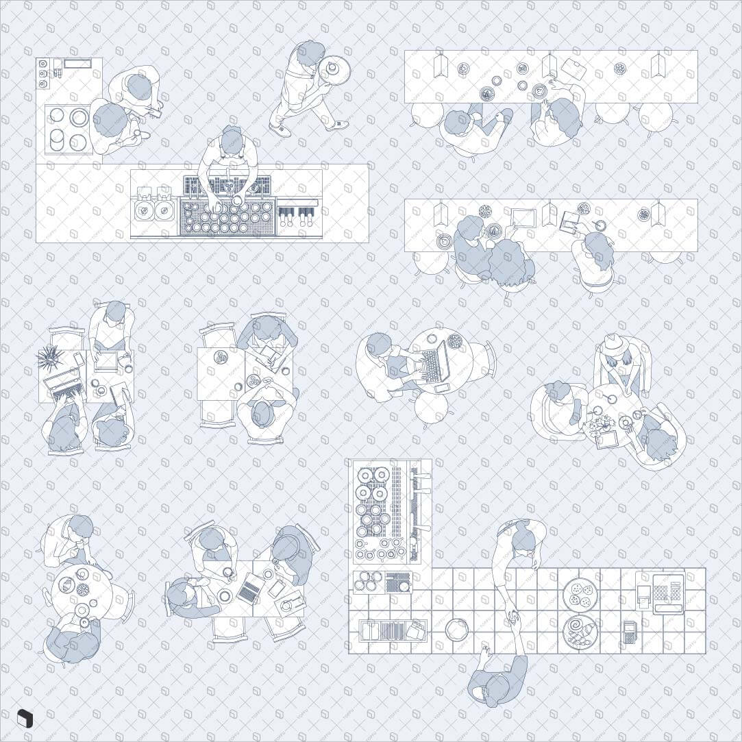 Cad Freehand Cafe People Top View 2 Digital Artwork drawings | Toffu Co