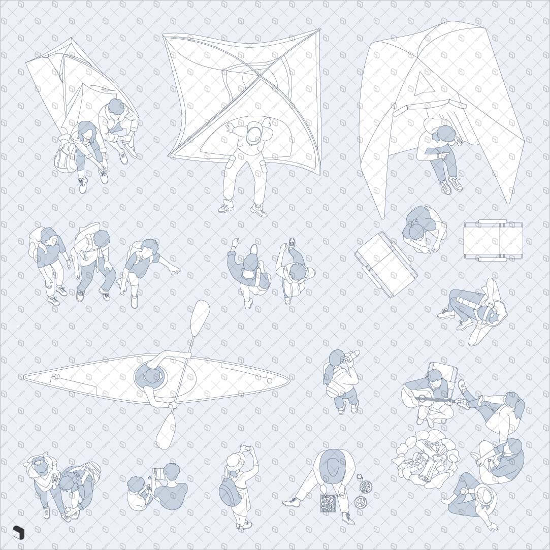Cad Freehand Camping People Top View Digital Artwork drawings | Toffu Co