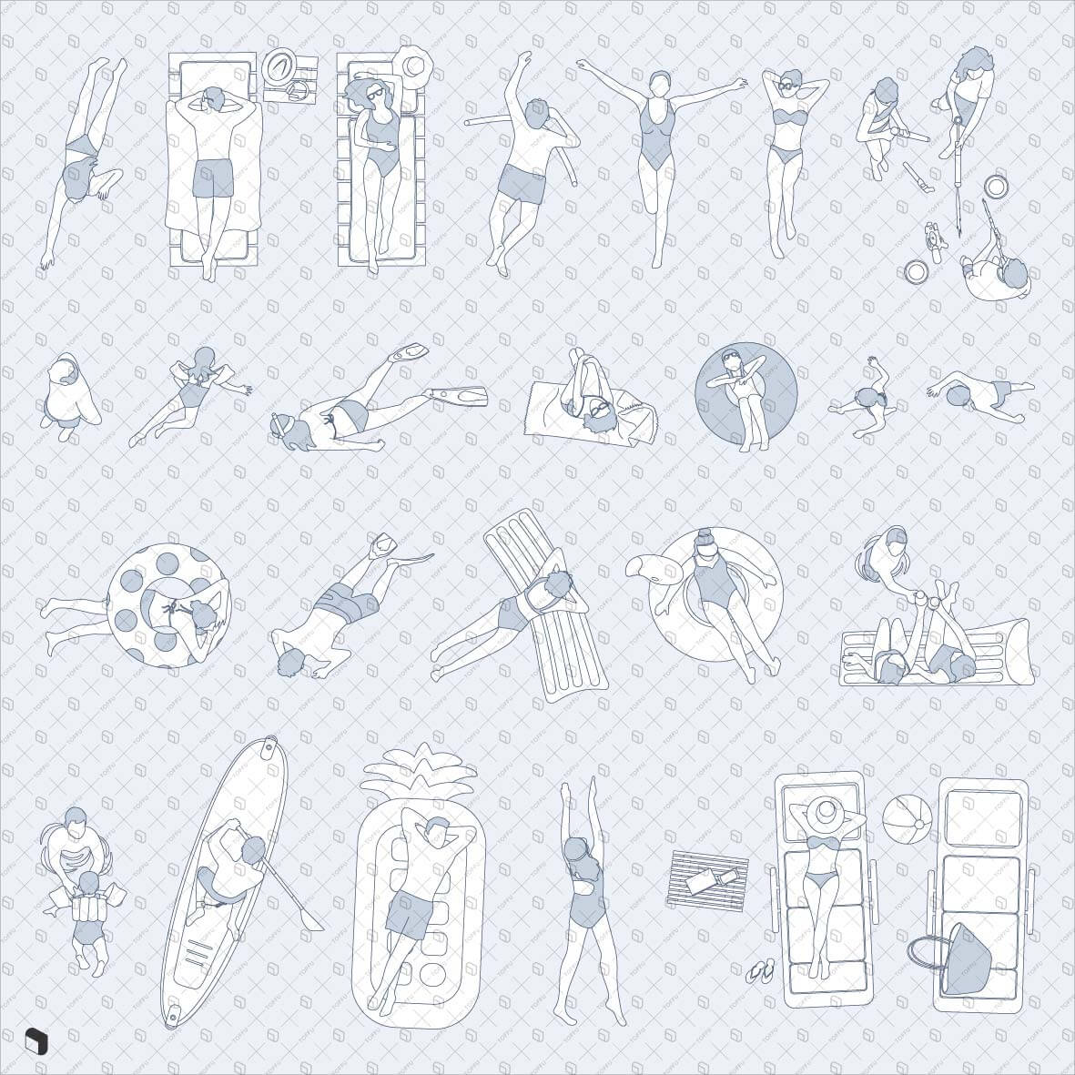 Cad Freehand Summer People Top View Digital Artwork drawings | Toffu Co