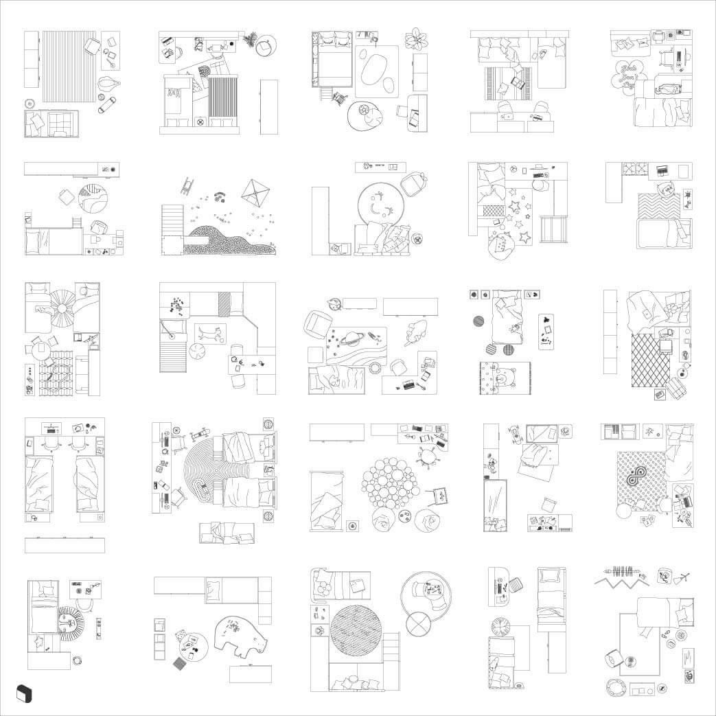 Cad Kids Bedroom Top View Digital Artwork drawings | Toffu Co