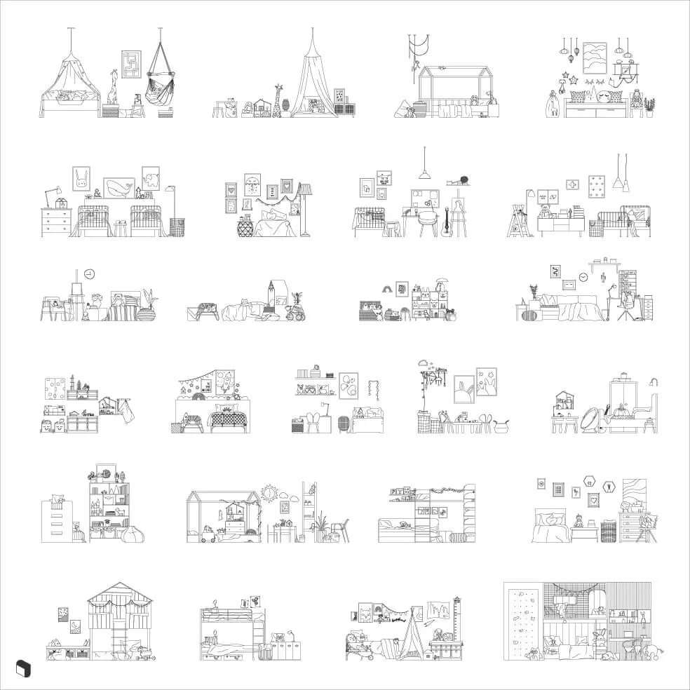 Cad Kids Bedroom Setups Digital Artwork drawings | Toffu Co