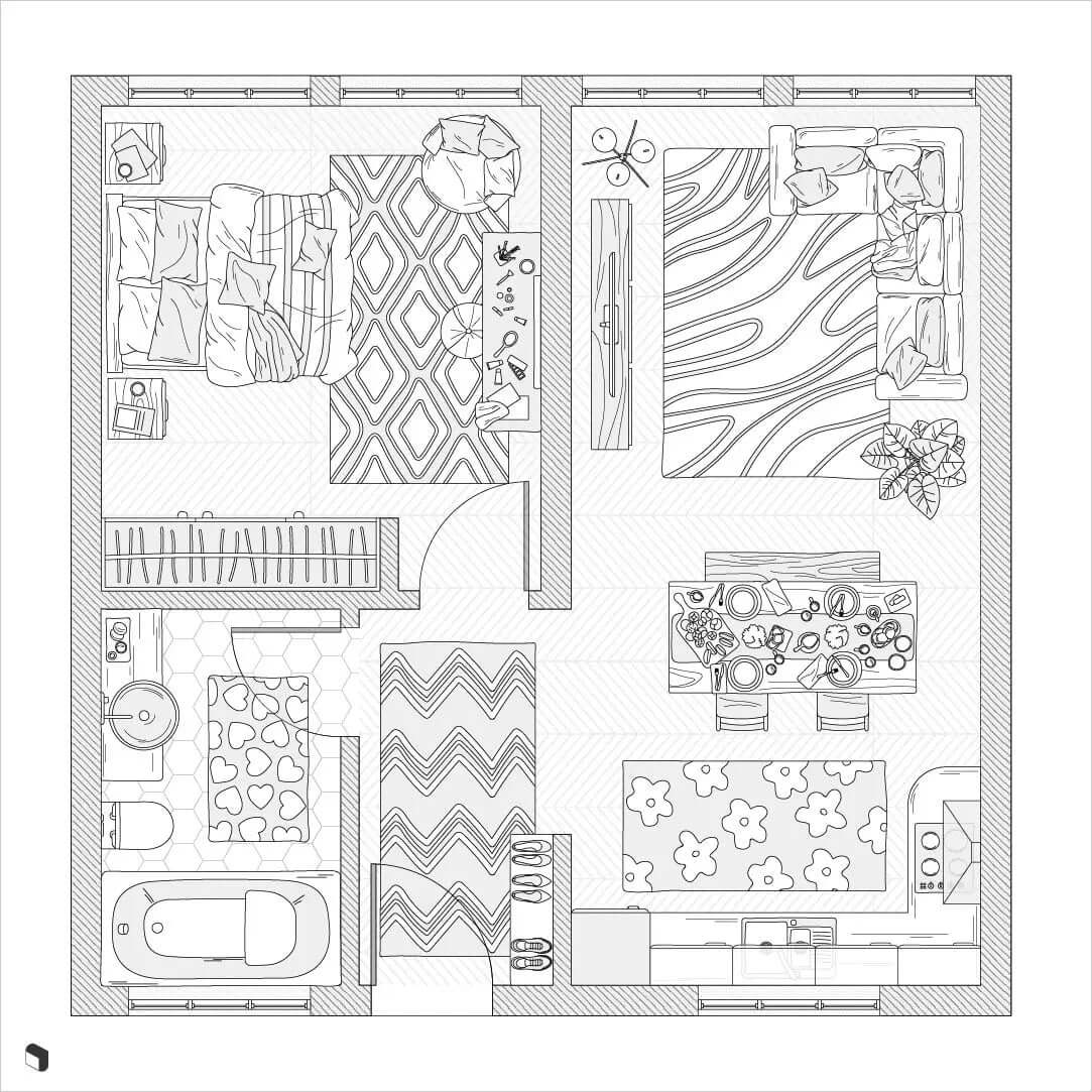 Cad Sketch House Furniture Top View Digital Artwork drawings | Toffu Co